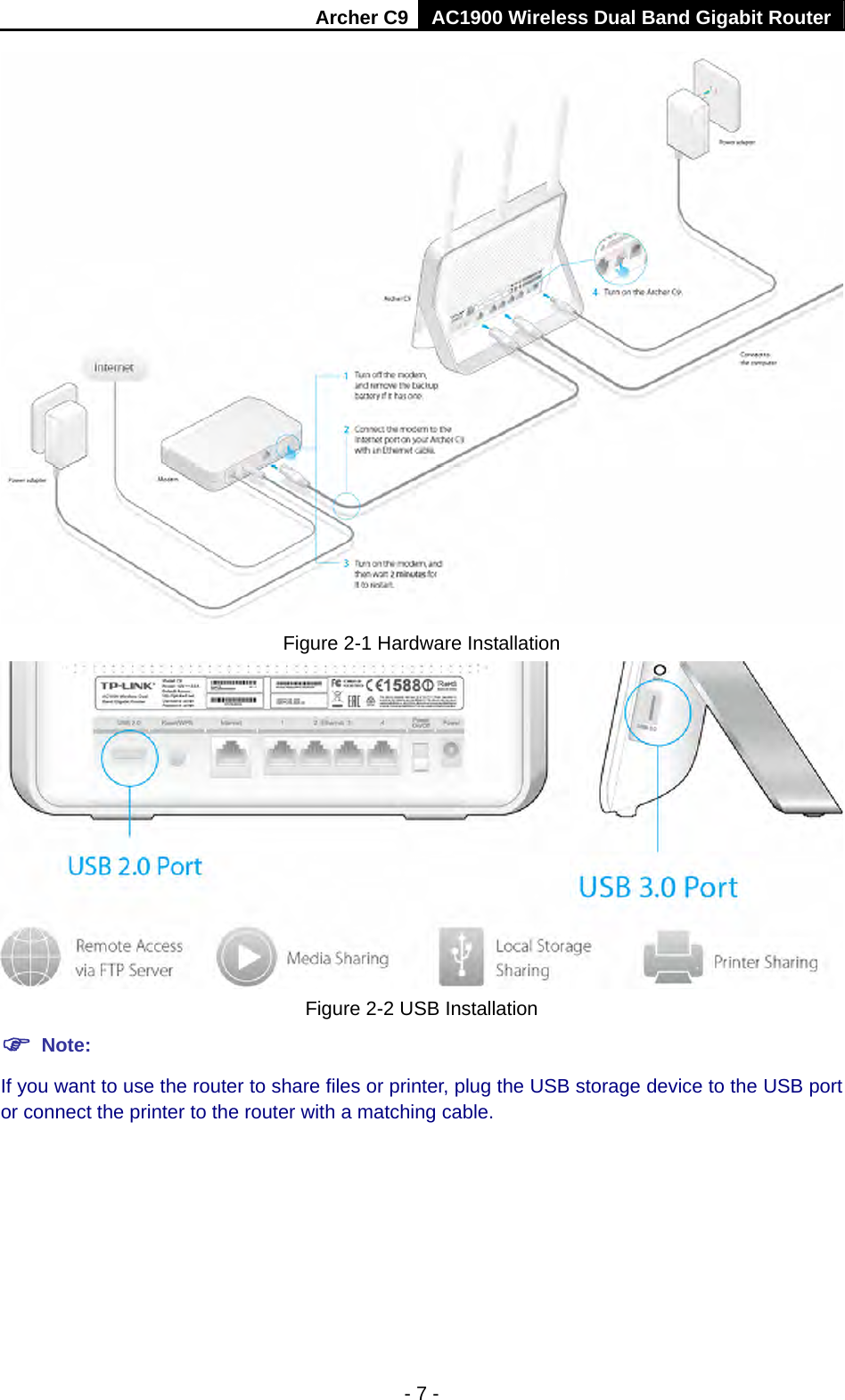 Archer C9 AC1900 Wireless Dual Band Gigabit Router - 7 -  Figure 2-1 Hardware Installation    Figure 2-2 USB Installation  Note: If you want to use the router to share files or printer, plug the USB storage device to the USB port or connect the printer to the router with a matching cable.  