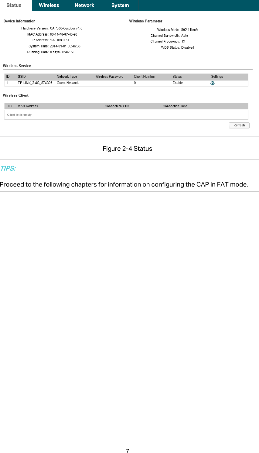  Figure 2-4 Status TIPS: Proceed to the following chapters for information on configuring the CAP in FAT mode.   7 