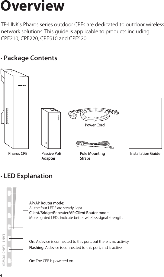 4Overview• Package Contents• LED ExplanationPharos CPE Passive PoE AdapterPole Mounting StrapsInstallation GuidePower CordAP/AP Router mode: All the four LEDS are steady lightClient/Bridge/Repeater/AP Client Router mode: More lighted LEDs indicate better wireless signal strengthOn: A device is connected to this port, but there is no activityFlashing: A device is connected to this port, and is activeOn: The CPE is powered on.POWERLAN0LAN1TP-LINK&apos;s Pharos series outdoor CPEs are dedicated to outdoor wireless network solutions. This guide is applicable to products including CPE210, CPE220, CPE510 and CPE520.