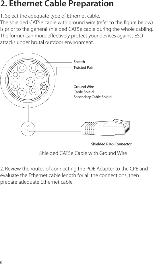 82. Ethernet Cable Preparation1. Select the adequate type of Ethernet cable. The shielded CAT5e cable with ground wire (refer to the gure below) is prior to the general shielded CAT5e cable during the whole cabling. The former can more eectively protect your devices against ESD attacks under brutal outdoor environment.Shielded CAT5e Cable with Ground WireTwisted PairGround WireShielded RJ45 ConnectorSecondary Cable ShieldCable ShieldSheath2. Review the routes of connecting the POE Adapter to the CPE and evaluate the Ethernet cable length for all the connections, then prepare adequate Ethernet cable.