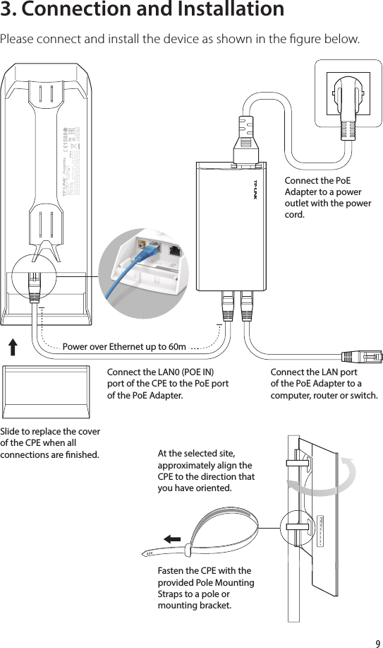 93. Connection and InstallationAt the selected site, approximately align the CPE to the direction that you have oriented.Please connect and install the device as shown in the  gure below.Connect the PoE Adapter to a power outlet with the power cord.Connect the LAN port of the PoE Adapter to a computer, router or switch.Connect the LAN0 (POE IN) port of the CPE to the PoE port of the PoE Adapter.Power over Ethernet up to 60mSlide to replace the cover of the CPE when all connections are  nished.This device complies with part 15 of the FCC Rules. Operation is subject to the following two conditions: (1) This device may not cause harmful interference, and (2) this device must accept any interference received, including interference that may cause undesired operation. FCC ID:TE7CPE510MADE IN CHINAIC:8853A-CPE510Default Settings: IP: 192.168.0.254      Username: admin     Password: adminModel: CPE510 Power: 24V       1A5GHz 300Mbps 13dBi Outdoor CPE5734Fasten the CPE with the provided Pole Mounting Straps to a pole or mounting bracket.