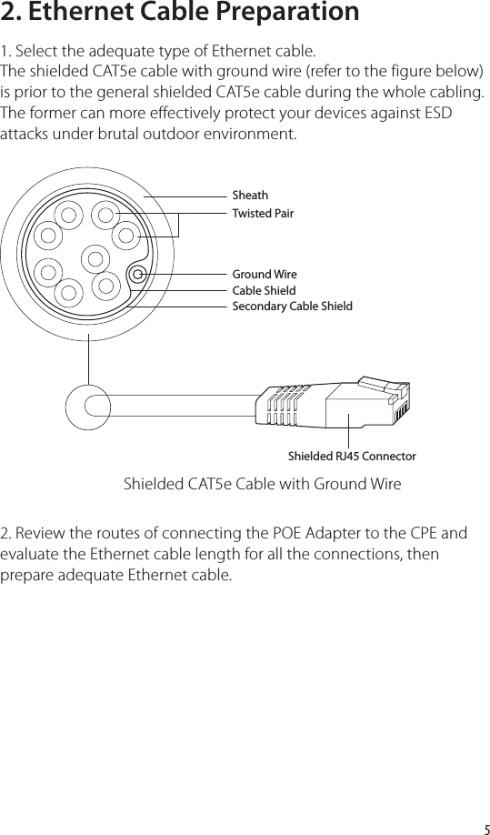 52. Ethernet Cable Preparation1. Select the adequate type of Ethernet cable. The shielded CAT5e cable with ground wire (refer to the figure below) is prior to the general shielded CAT5e cable during the whole cabling. The former can more effectively protect your devices against ESD attacks under brutal outdoor environment.Shielded CAT5e Cable with Ground WireTwisted PairGround WireShielded RJ45 ConnectorSecondary Cable ShieldCable ShieldSheath2. Review the routes of connecting the POE Adapter to the CPE and evaluate the Ethernet cable length for all the connections, then prepare adequate Ethernet cable.