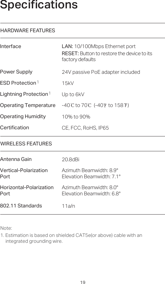 196SHFLƮFDWLRQVInterfacePower Supply11ESD Protection Lightning Protection Operating HumidityOperating Temperature&amp;HUWLƮFDWLRQLAN: 10/100Mbps Ethernet portRESET: Button to restore the device to its factory defaults24V passive PoE adapter included 15kVUp to 6kV-40     to 70      (-40 to 158    )℉℉ 10% to 90%CE, FCC, RoHS, IP65℃℃Antenna GainNote:1. Estimation is based on shielded CAT5e(or above) cable with an integrated grounding wire.20.8dBiHARDWARE FEATURESWIRELESS FEATURES802.11 Standards 11a/nAzimuth Beamwidth: 8.9°Elevation Beamwidth: 7.1°Vertical-Polarization PortHorizontal-Polarization PortAzimuth Beamwidth: 8.0°Elevation Beamwidth: 6.8°