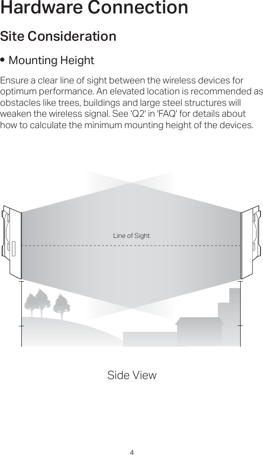 4Hardware ConnectionSite ConsiderationEnsure a clear line of sight between the wireless devices for optimum performance. An elevated location is recommended as obstacles like trees, buildings and large steel structures will weaken the wireless signal. See &apos;Q2&apos; in &apos;FAQ&apos; for details about how to calculate the minimum mounting height of the devices.Mounting HeightLine of SightSide View