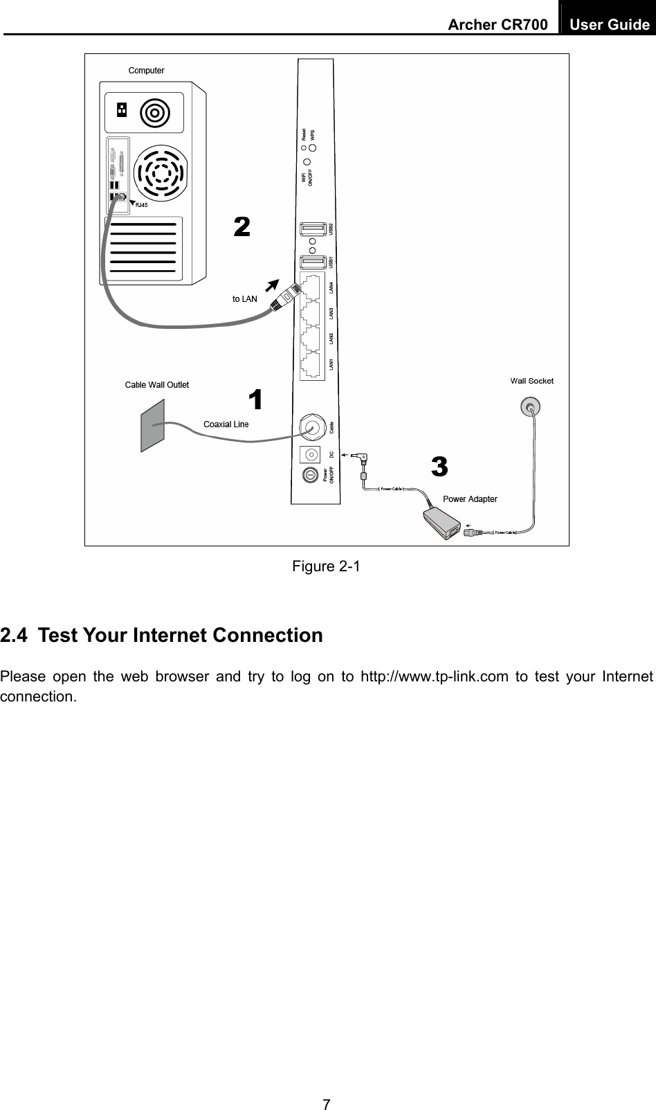 Archer CR700  User Guide 7  Figure 2-1  2.4  Test Your Internet Connection Please open the web browser and try to log on to http://www.tp-link.com to test your Internet connection. 