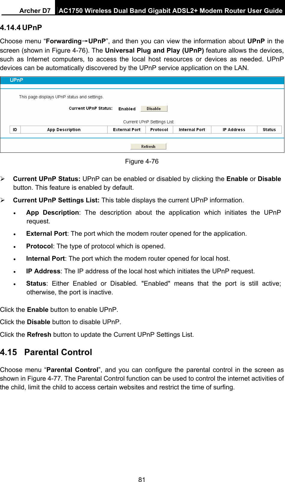 Archer D7  AC1750 Wireless Dual Band Gigabit ADSL2+ Modem Router User Guide 81 4.14.4 UPnP Choose menu “Forwarding→UPnP”, and then you can view the information about UPnP in the screen (shown in Figure 4-76). The Universal Plug and Play (UPnP) feature allows the devices, such as Internet computers, to access the local host resources or devices as needed. UPnP devices can be automatically discovered by the UPnP service application on the LAN.  Figure 4-76  Current UPnP Status: UPnP can be enabled or disabled by clicking the Enable or Disable button. This feature is enabled by default.  Current UPnP Settings List: This table displays the current UPnP information.  App Description: The description about the application which initiates the UPnP request.   External Port: The port which the modem router opened for the application.    Protocol: The type of protocol which is opened.    Internal Port: The port which the modem router opened for local host.    IP Address: The IP address of the local host which initiates the UPnP request.    Status: Either Enabled or Disabled. &quot;Enabled&quot; means that the port is still active; otherwise, the port is inactive.   Click the Enable button to enable UPnP. Click the Disable button to disable UPnP. Click the Refresh button to update the Current UPnP Settings List.   4.15  Parental Control Choose menu “Parental Control”, and you can configure the parental control in the screen as shown in Figure 4-77. The Parental Control function can be used to control the internet activities of the child, limit the child to access certain websites and restrict the time of surfing. 