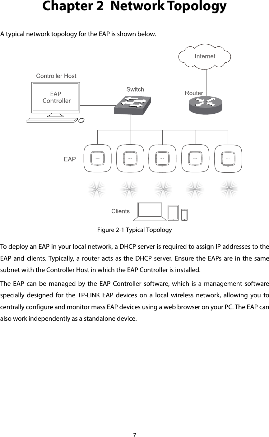 7  Chapter 2  Network Topology A typical network topology for the EAP is shown below.  Figure 2-1 Typical Topology To deploy an EAP in your local network, a DHCP server is required to assign IP addresses to the EAP and clients. Typically, a router acts as the DHCP server. Ensure the EAPs are in the same subnet with the Controller Host in which the EAP Controller is installed. The EAP can be managed by the EAP Controller software, which is a management software specially designed for the TP-LINK EAP devices on a local wireless network, allowing you to centrally configure and monitor mass EAP devices using a web browser on your PC. The EAP can also work independently as a standalone device.     