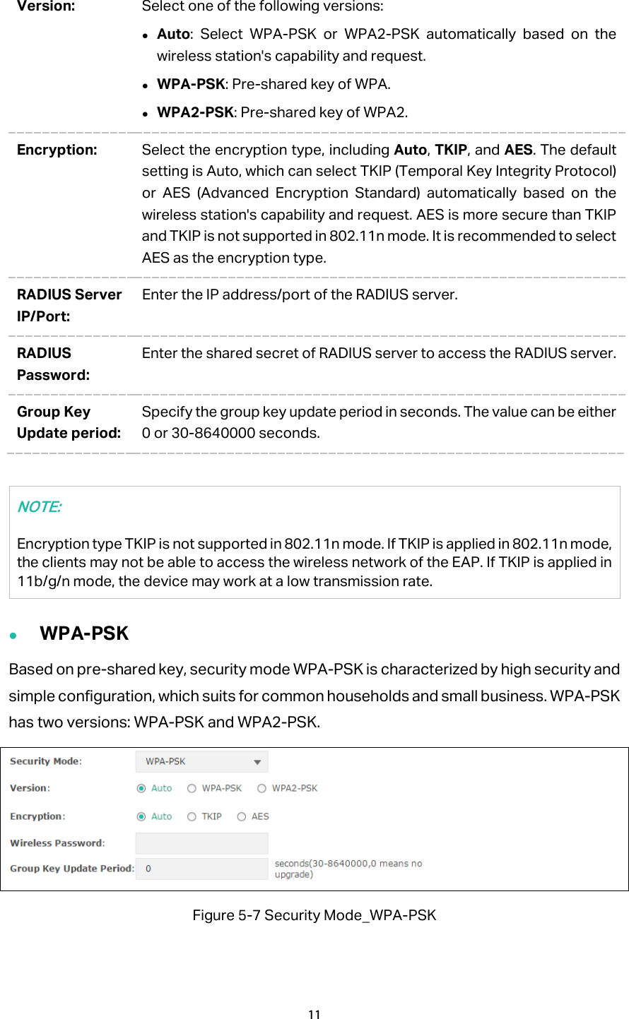 Version:  Select one of the following versions:    Auto:  Select WPA-PSK or WPA2-PSK automatically based on the wireless station&apos;s capability and request.  WPA-PSK: Pre-shared key of WPA.  WPA2-PSK: Pre-shared key of WPA2. Encryption:  Select the encryption type, including Auto, TKIP, and AES. The default setting is Auto, which can select TKIP (Temporal Key Integrity Protocol) or AES (Advanced Encryption Standard) automatically based on the wireless station&apos;s capability and request. AES is more secure than TKIP and TKIP is not supported in 802.11n mode. It is recommended to select AES as the encryption type. RADIUS Server IP/Port: Enter the IP address/port of the RADIUS server. RADIUS Password: Enter the shared secret of RADIUS server to access the RADIUS server. Group Key Update period: Specify the group key update period in seconds. The value can be either 0 or 30-8640000 seconds.  NOTE: Encryption type TKIP is not supported in 802.11n mode. If TKIP is applied in 802.11n mode, the clients may not be able to access the wireless network of the EAP. If TKIP is applied in 11b/g/n mode, the device may work at a low transmission rate.  WPA-PSK Based on pre-shared key, security mode WPA-PSK is characterized by high security and simple configuration, which suits for common households and small business. WPA-PSK has two versions: WPA-PSK and WPA2-PSK.  Figure 5-7 Security Mode_WPA-PSK 11  