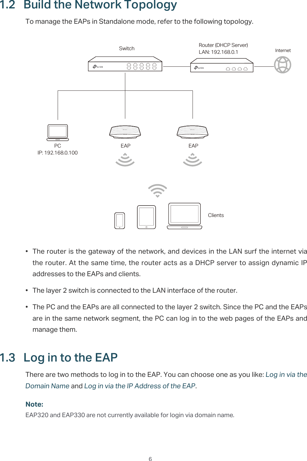  61.2  %XLOGWKH1HWZRUN7RSRORJ\To manage the EAPs in Standalone mode, refer to the following topology.EAPEAPPCIP: 192.168.0.100Switch Router (DHCP Server)LAN: 192.168.0.1 InternetClients•  The router is the gateway of the network, and devices in the LAN surf the internet via the router. At the same time, the router acts as a DHCP server to assign dynamic IP addresses to the EAPs and clients.•  The layer 2 switch is connected to the LAN interface of the router.•  The PC and the EAPs are all connected to the layer 2 switch. Since the PC and the EAPs are in the same network segment, the PC can log in to the web pages of the EAPs and manage them.1.3  /RJLQWRWKH($3There are two methods to log in to the EAP. You can choose one as you like: Log in via the Domain Name and Log in via the IP Address of the EAP.Note:EAP320 and EAP330 are not currently available for login via domain name.