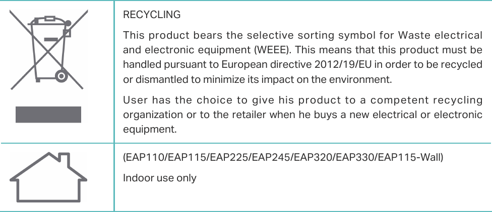 RECYCLINGThis product bears the selective sorting  symbol  for  Waste  electrical and electronic equipment (WEEE). This means that this product must be handled pursuant to European directive 2012/19/EU in order to be recycled or dismantled to minimize its impact on the environment.User  has  the  choice  to  give  his  product  to  a  competent  recycling organization or to the retailer when he buys a new electrical or electronic equipment.(EAP110/EAP115/EAP225/EAP245/EAP320/EAP330/EAP115-Wall)Indoor use only