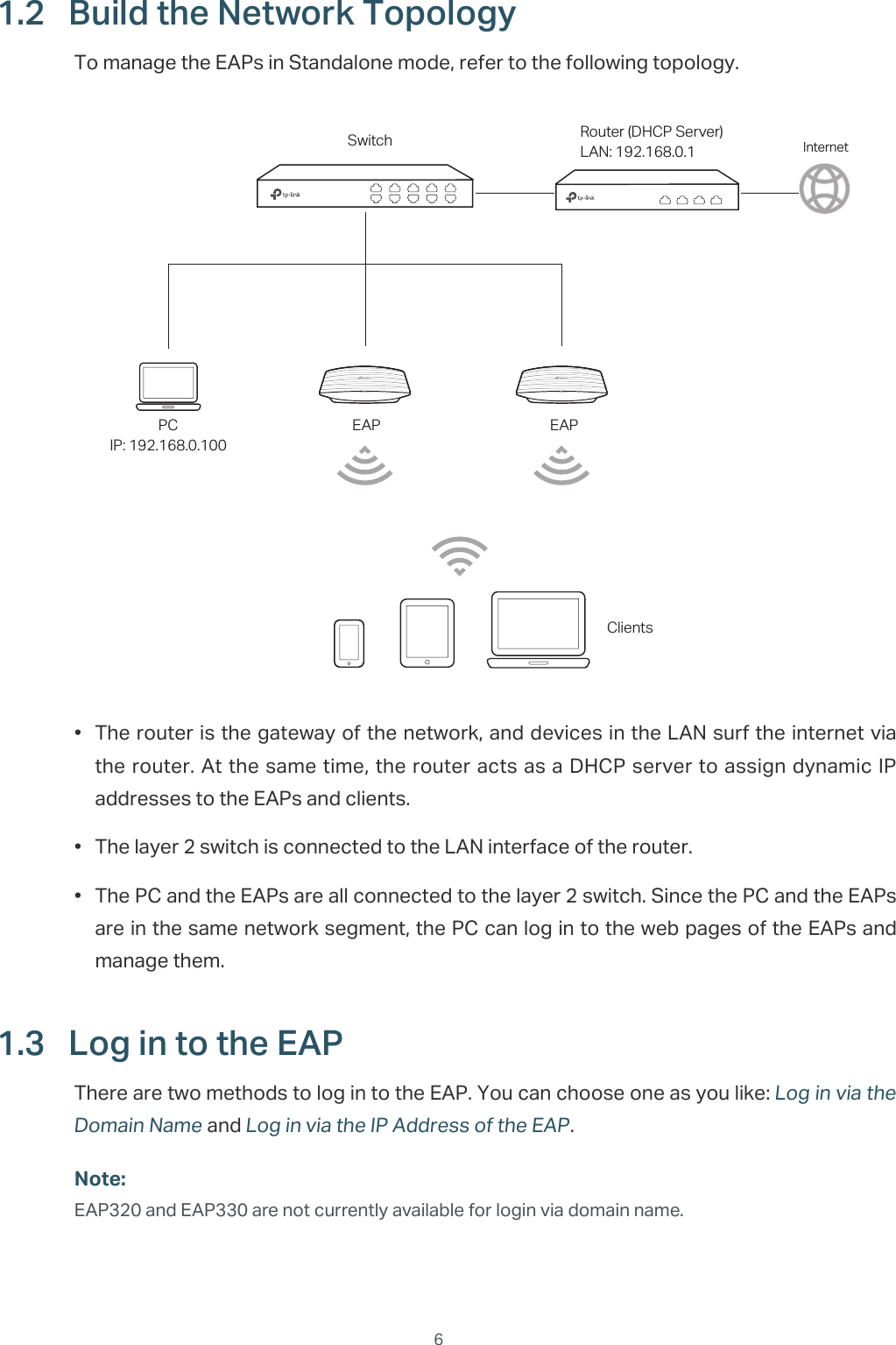  61.2  Build the Network TopologyTo manage the EAPs in Standalone mode, refer to the following topology.EAPEAPPCIP: 192.168.0.100Switch Router (DHCP Server)LAN: 192.168.0.1 InternetClients•  The router is the gateway of the network, and devices in the LAN surf the internet via the router. At the same time, the router acts as a DHCP server to assign dynamic IP addresses to the EAPs and clients.•  The layer 2 switch is connected to the LAN interface of the router.•  The PC and the EAPs are all connected to the layer 2 switch. Since the PC and the EAPs are in the same network segment, the PC can log in to the web pages of the EAPs and manage them.1.3  Log in to the EAPThere are two methods to log in to the EAP. You can choose one as you like: Log in via the Domain Name and Log in via the IP Address of the EAP.Note:EAP320 and EAP330 are not currently available for login via domain name.