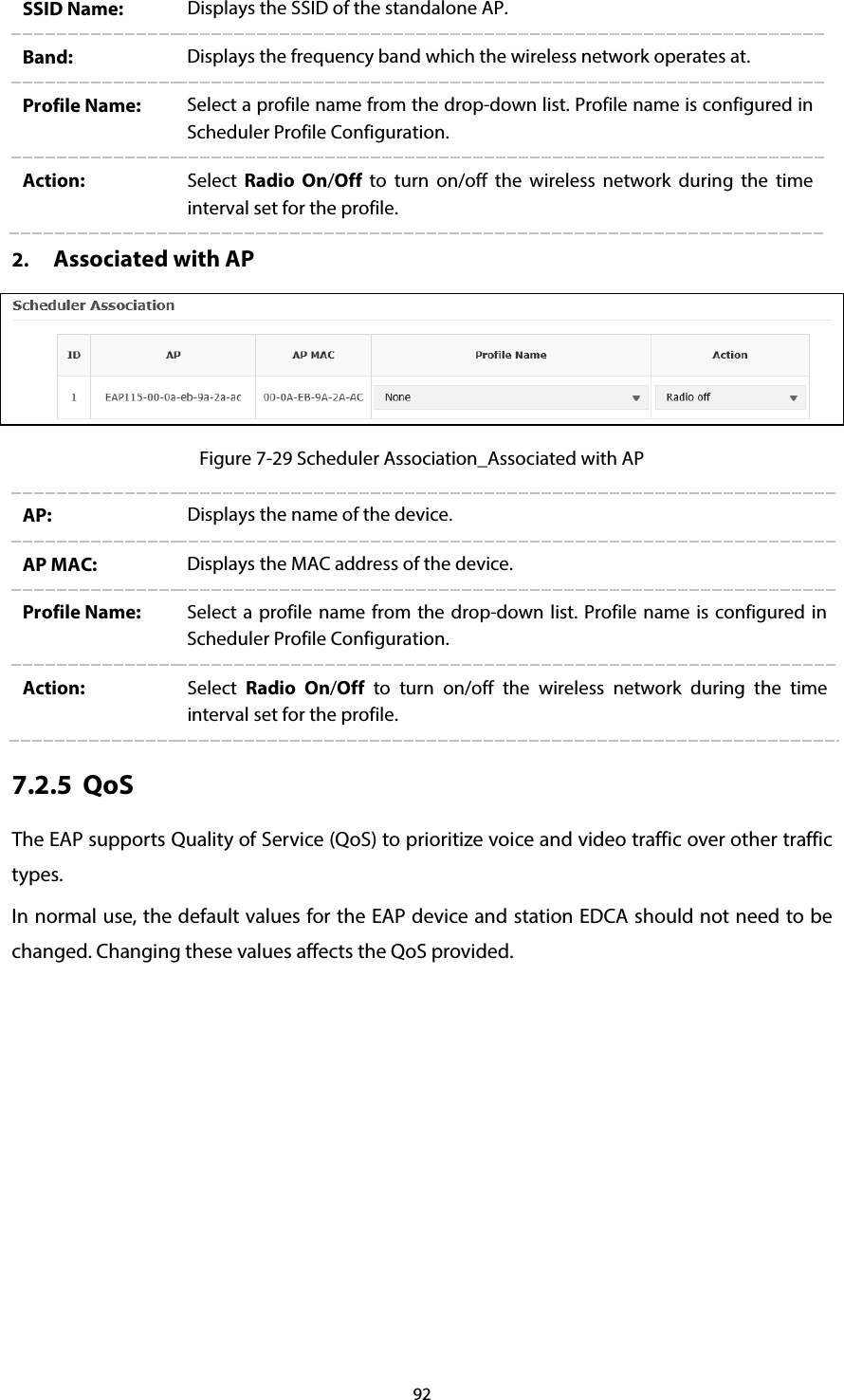 92 SSID Name:  Displays the SSID of the standalone AP. Band:  Displays the frequency band which the wireless network operates at.   Profile Name:  Select a profile name from the drop-down list. Profile name is configured in Scheduler Profile Configuration. Action:  Select  Radio  On/Off to turn on/off the wireless network during the time interval set for the profile.   2. Associated with AP  Figure 7-29 Scheduler Association_Associated with AP AP:  Displays the name of the device.   AP MAC: Displays the MAC address of the device. Profile Name:  Select a profile name from the drop-down list. Profile name is configured in Scheduler Profile Configuration. Action:  Select  Radio On/Off to turn  on/off the wireless network during the time interval set for the profile. 7.2.5 QoS The EAP supports Quality of Service (QoS) to prioritize voice and video traffic over other traffic types. In normal use, the default values for the EAP device and station EDCA should not need to be changed. Changing these values affects the QoS provided. 