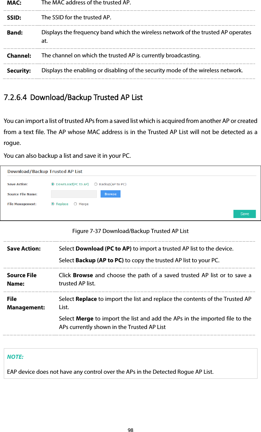 98 MAC: The MAC address of the trusted AP. SSID:  The SSID for the trusted AP. Band:  Displays the frequency band which the wireless network of the trusted AP operates at. Channel:  The channel on which the trusted AP is currently broadcasting. Security:  Displays the enabling or disabling of the security mode of the wireless network. 7.2.6.4 Download/Backup Trusted AP List You can import a list of trusted APs from a saved list which is acquired from another AP or created from a text file. The AP whose MAC address is in the Trusted AP List will not be detected as a rogue. You can also backup a list and save it in your PC.   Figure 7-37 Download/Backup Trusted AP List Save Action:  Select Download (PC to AP) to import a trusted AP list to the device. Select Backup (AP to PC) to copy the trusted AP list to your PC. Source File Name: Click Browse and choose the path of a saved trusted AP list or to save a trusted AP list. File Management: Select Replace to import the list and replace the contents of the Trusted AP List. Select Merge to import the list and add the APs in the imported file to the APs currently shown in the Trusted AP List  NOTE: EAP device does not have any control over the APs in the Detected Rogue AP List.   