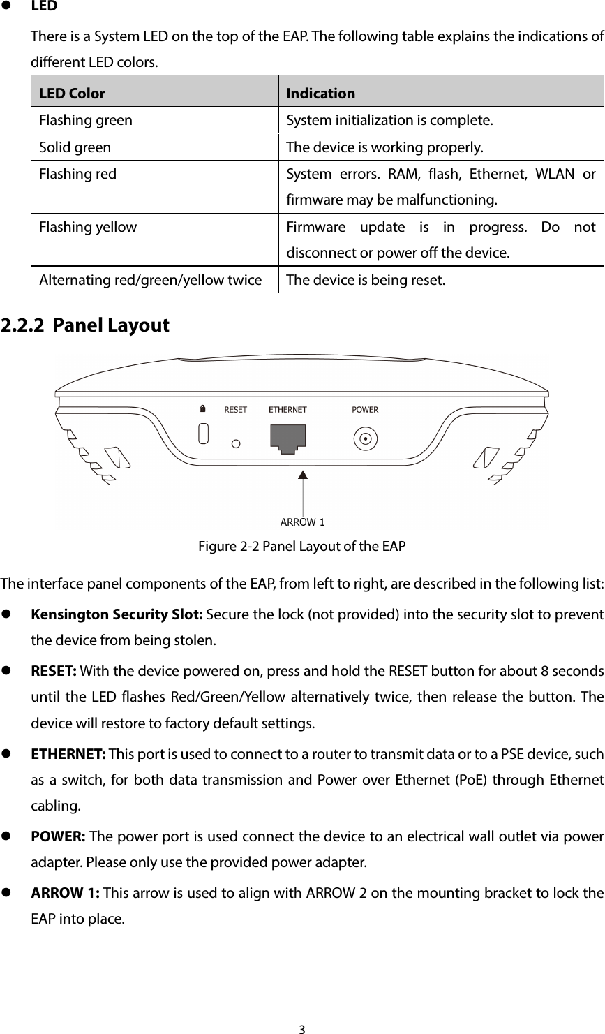 3  LED There is a System LED on the top of the EAP. The following table explains the indications of different LED colors. LED Color Indication Flashing green System initialization is complete. Solid green The device is working properly. Flashing red System errors. RAM, flash, Ethernet, WLAN or firmware may be malfunctioning. Flashing yellow Firmware update is in progress. Do not disconnect or power off the device. Alternating red/green/yellow twice The device is being reset. 2.2.2 Panel Layout  Figure 2-2 Panel Layout of the EAP The interface panel components of the EAP, from left to right, are described in the following list:  Kensington Security Slot: Secure the lock (not provided) into the security slot to prevent the device from being stolen.  RESET: With the device powered on, press and hold the RESET button for about 8 seconds until the LED flashes Red/Green/Yellow alternatively twice, then release the button. The device will restore to factory default settings.  ETHERNET: This port is used to connect to a router to transmit data or to a PSE device, such as a switch, for both data transmission and Power over Ethernet (PoE) through Ethernet cabling.  POWER: The power port is used connect the device to an electrical wall outlet via power adapter. Please only use the provided power adapter.  ARROW 1: This arrow is used to align with ARROW 2 on the mounting bracket to lock the EAP into place. 