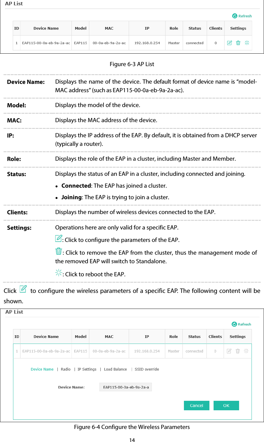 14  Figure 6-3 AP List Device Name:  Displays the name of the device. The default format of device name is “model-MAC address” (such as EAP115-00-0a-eb-9a-2a-ac). Model:  Displays the model of the device. MAC:  Displays the MAC address of the device. IP:  Displays the IP address of the EAP. By default, it is obtained from a DHCP server (typically a router).   Role:  Displays the role of the EAP in a cluster, including Master and Member. Status:  Displays the status of an EAP in a cluster, including connected and joining.  Connected: The EAP has joined a cluster.  Joining: The EAP is trying to join a cluster. Clients:  Displays the number of wireless devices connected to the EAP. Settings:  Operations here are only valid for a specific EAP. : Click to configure the parameters of the EAP. : Click to remove the EAP from the cluster, thus the management mode of the removed EAP will switch to Standalone. : Click to reboot the EAP. Click    to configure the wireless parameters of a specific EAP. The following content will be shown.  Figure 6-4 Configure the Wireless Parameters 