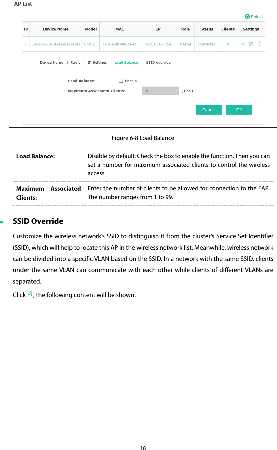 18  Figure 6-8 Load Balance Load Balance:  Disable by default. Check the box to enable the function. Then you can set a number for maximum associated clients to control the wireless access. Maximum Associated Clients: Enter the number of clients to be allowed for connection to the EAP. The number ranges from 1 to 99.  SSID Override Customize the wireless network’s SSID to distinguish it from the cluster’s Service Set Identifier (SSID), which will help to locate this AP in the wireless network list. Meanwhile, wireless network can be divided into a specific VLAN based on the SSID. In a network with the same SSID, clients under the same VLAN can communicate with each other while clients of different VLANs are separated. Click , the following content will be shown. 