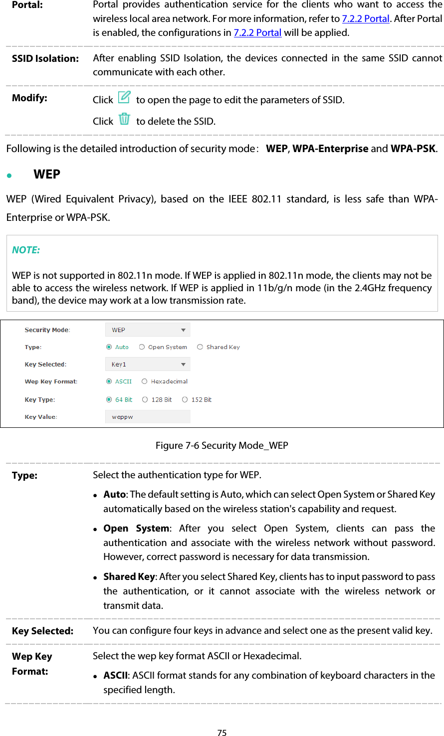 75 Portal:  Portal provides authentication service for the clients who want to access the wireless local area network. For more information, refer to 7.2.2 Portal. After Portal is enabled, the configurations in 7.2.2 Portal will be applied. SSID Isolation: After enabling SSID Isolation, the devices connected in the same SSID cannot communicate with each other. Modify: Click    to open the page to edit the parameters of SSID. Click   to delete the SSID. Following is the detailed introduction of security mode: WEP, WPA-Enterprise and WPA-PSK.  WEP WEP (Wired Equivalent Privacy), based on the IEEE 802.11 standard,  is less safe than WPA-Enterprise or WPA-PSK. NOTE: WEP is not supported in 802.11n mode. If WEP is applied in 802.11n mode, the clients may not be able to access the wireless network. If WEP is applied in 11b/g/n mode (in the 2.4GHz frequency band), the device may work at a low transmission rate.  Figure 7-6 Security Mode_WEP Type: Select the authentication type for WEP.  Auto: The default setting is Auto, which can select Open System or Shared Key automatically based on the wireless station&apos;s capability and request.    Open System: After you select Open System, clients can pass the authentication and associate with the wireless network without password. However, correct password is necessary for data transmission.  Shared Key: After you select Shared Key, clients has to input password to pass the authentication, or it cannot associate with the wireless network or transmit data. Key Selected: You can configure four keys in advance and select one as the present valid key. Wep Key Format: Select the wep key format ASCII or Hexadecimal.  ASCII: ASCII format stands for any combination of keyboard characters in the specified length. 