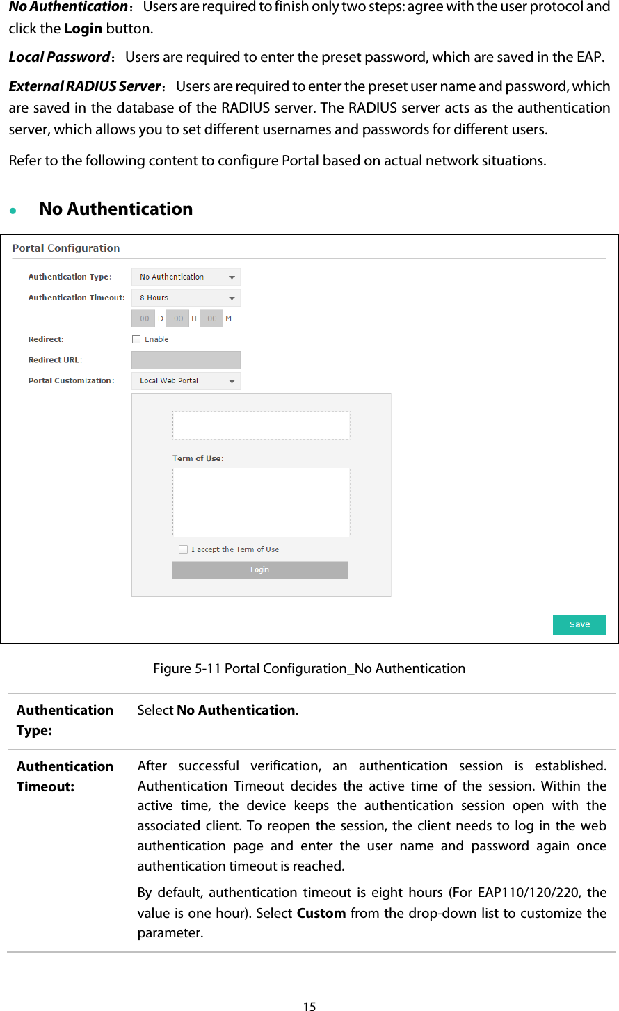 No Authentication：Users are required to finish only two steps: agree with the user protocol and click the Login button. Local Password：Users are required to enter the preset password, which are saved in the EAP. External RADIUS Server：Users are required to enter the preset user name and password, which are saved in the database of the RADIUS server. The RADIUS server acts as the authentication server, which allows you to set different usernames and passwords for different users. Refer to the following content to configure Portal based on actual network situations.  No Authentication  Figure 5-11 Portal Configuration_No Authentication Authentication Type: Select No Authentication. Authentication Timeout: After  successful verification, an authentication session is established. Authentication Timeout decides the active time of the session. Within the active time, the device keeps the authentication session open with the associated client. To reopen the session, the client needs to log in the web authentication page and enter the user name and password again once authentication timeout is reached. By default, authentication timeout is eight hours  (For EAP110/120/220, the value is one hour). Select Custom from the drop-down list to customize the parameter.   15  