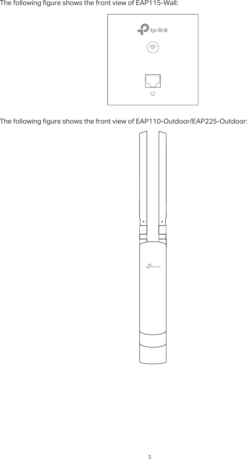  3The following figure shows the front view of EAP115-Wall:The following figure shows the front view of EAP110-Outdoor/EAP225-Outdoor: