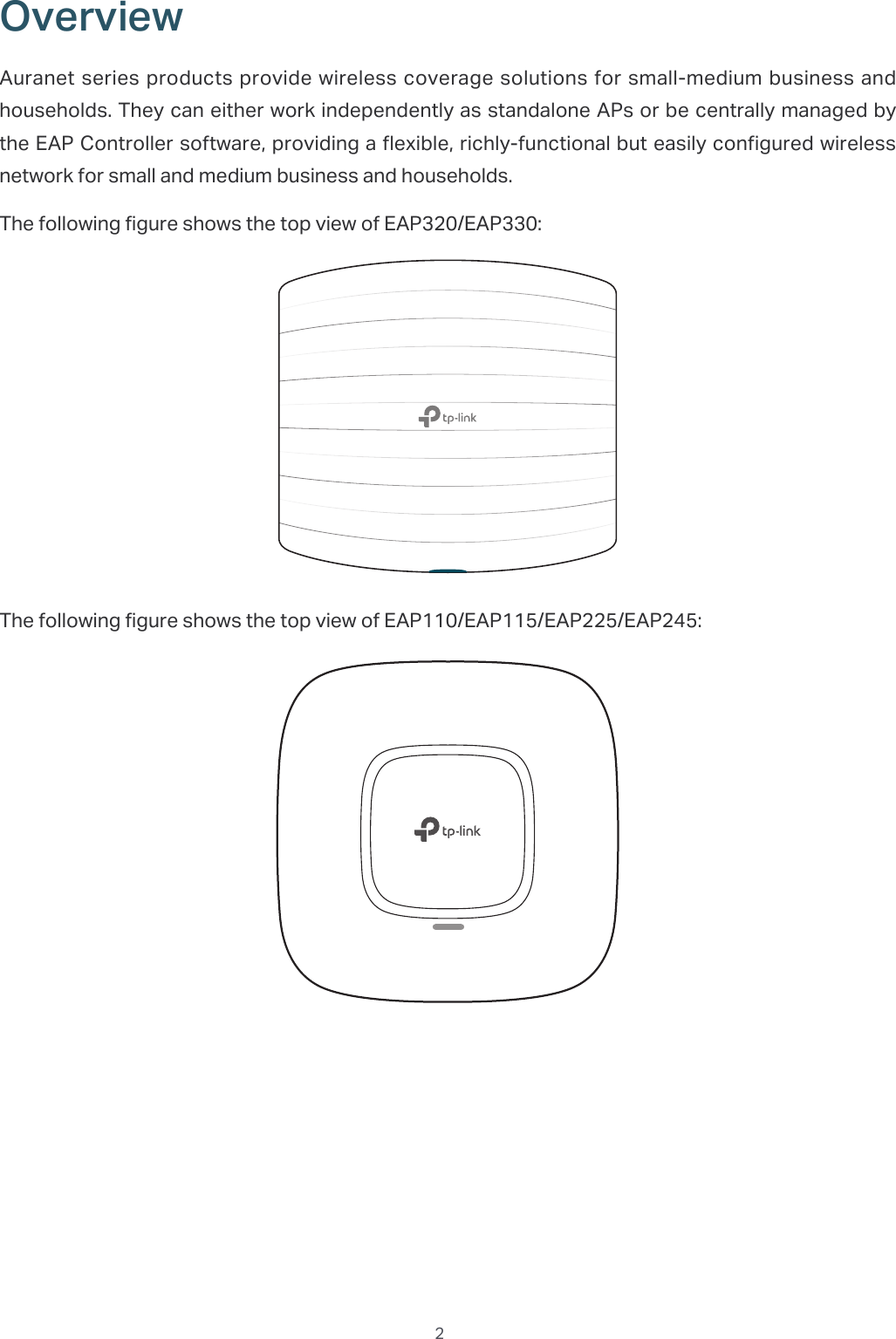  2OverviewAuranet series products provide wireless coverage solutions for small-medium business and households. They can either work independently as standalone APs or be centrally managed by the EAP Controller software, providing a flexible, richly-functional but easily configured wireless network for small and medium business and households.The following figure shows the top view of EAP320/EAP330:The following figure shows the top view of EAP110/EAP115/EAP225/EAP245: