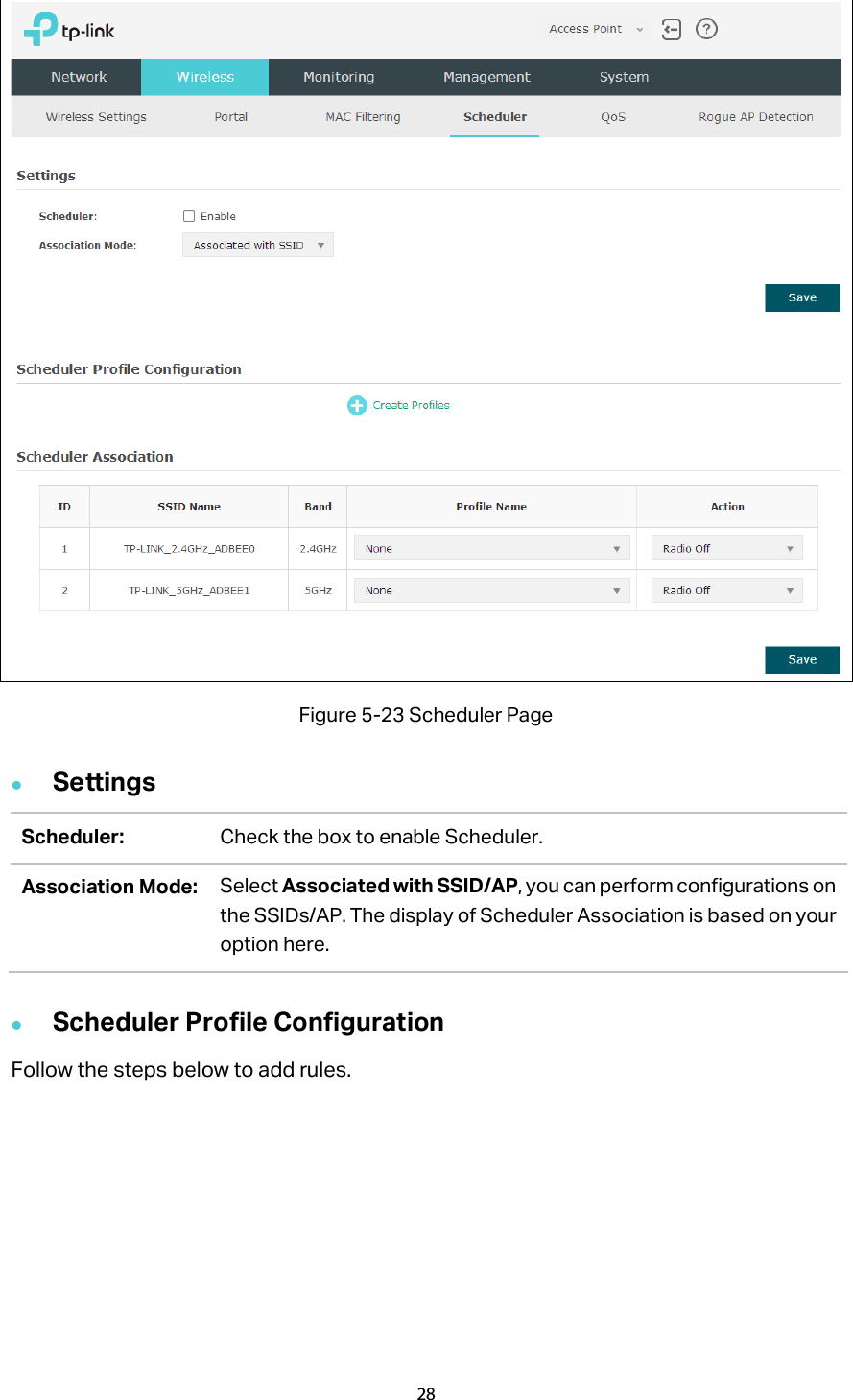  Figure 5-23 Scheduler Page  Settings Scheduler: Check the box to enable Scheduler. Association Mode: Select Associated with SSID/AP, you can perform configurations on the SSIDs/AP. The display of Scheduler Association is based on your option here.    Scheduler Profile Configuration Follow the steps below to add rules. 28  