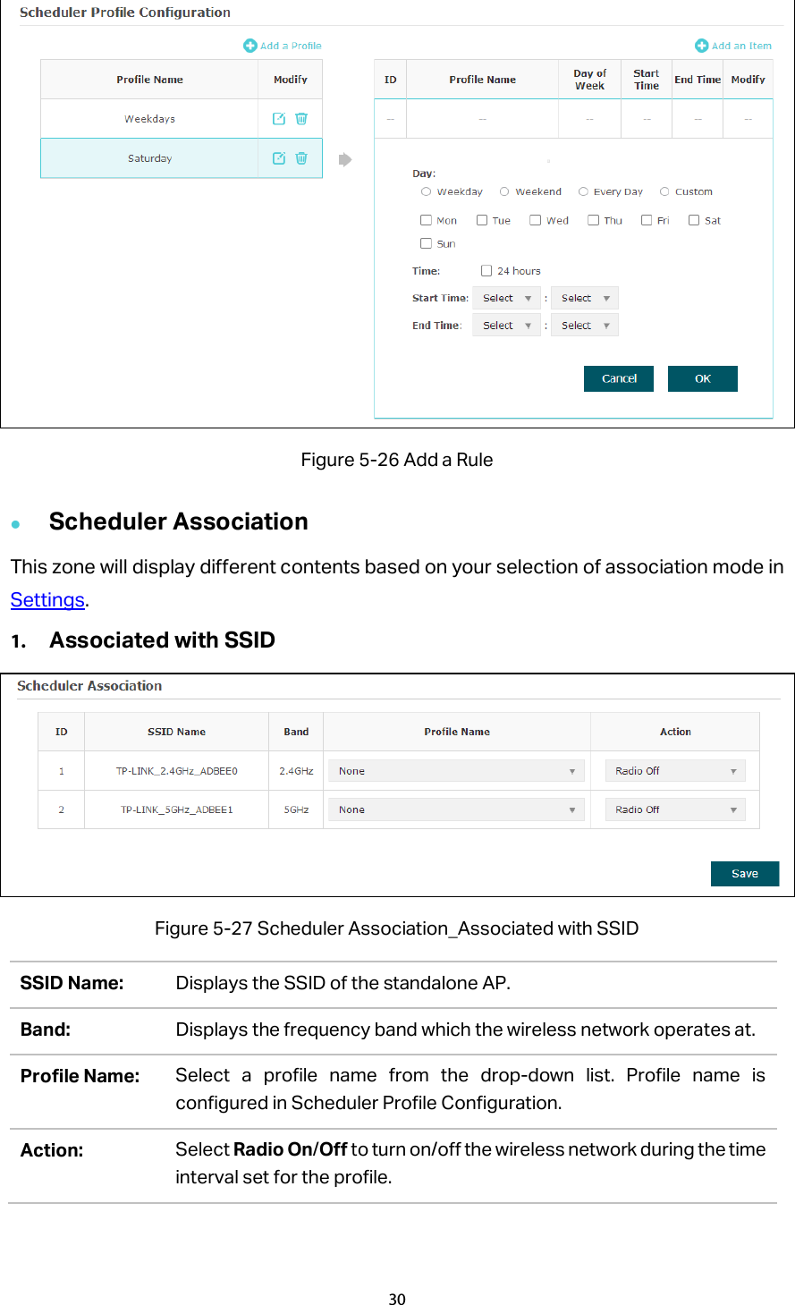  Figure 5-26 Add a Rule  Scheduler Association This zone will display different contents based on your selection of association mode in Settings. 1. Associated with SSID  Figure 5-27 Scheduler Association_Associated with SSID SSID Name: Displays the SSID of the standalone AP. Band: Displays the frequency band which the wireless network operates at.   Profile Name: Select a profile name from the drop-down list. Profile name is configured in Scheduler Profile Configuration. Action: Select Radio On/Off to turn on/off the wireless network during the time interval set for the profile.   30  