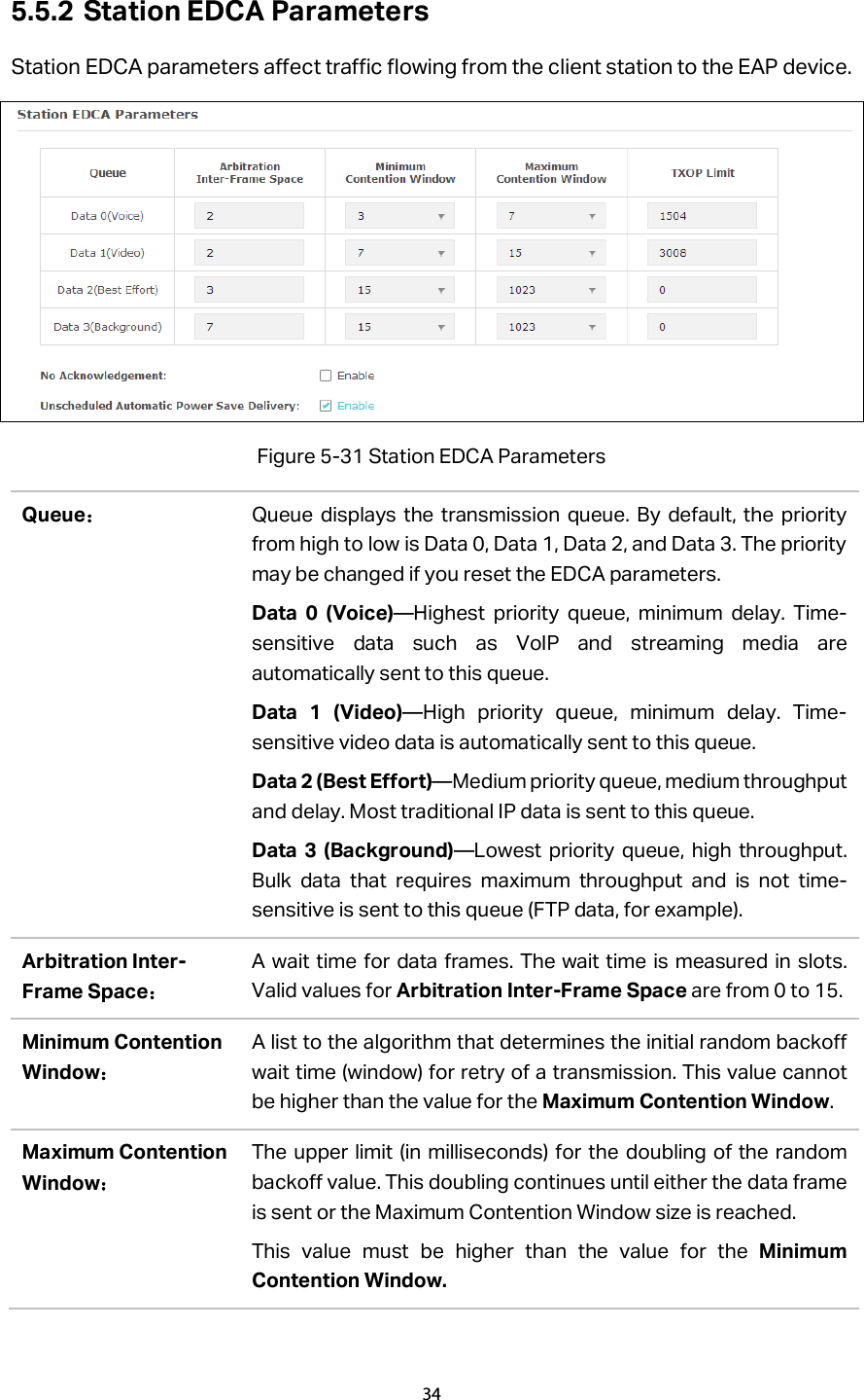 5.5.2 Station EDCA Parameters Station EDCA parameters affect traffic flowing from the client station to the EAP device.  Figure 5-31 Station EDCA Parameters Queue： Queue displays the transmission queue. By default, the priority from high to low is Data 0, Data 1, Data 2, and Data 3. The priority may be changed if you reset the EDCA parameters. Data 0 (Voice)—Highest priority queue, minimum delay. Time-sensitive data such as VoIP and streaming media are automatically sent to this queue. Data 1 (Video)—High priority queue, minimum delay. Time-sensitive video data is automatically sent to this queue. Data 2 (Best Effort)—Medium priority queue, medium throughput and delay. Most traditional IP data is sent to this queue. Data  3 (Background)—Lowest priority queue, high throughput. Bulk data that requires maximum throughput and is not time-sensitive is sent to this queue (FTP data, for example). Arbitration Inter-Frame Space： A wait time for data frames. The wait time is measured in slots. Valid values for Arbitration Inter-Frame Space are from 0 to 15. Minimum Contention Window： A list to the algorithm that determines the initial random backoff wait time (window) for retry of a transmission. This value cannot be higher than the value for the Maximum Contention Window. Maximum Contention Window： The upper limit (in milliseconds) for the doubling of the random backoff value. This doubling continues until either the data frame is sent or the Maximum Contention Window size is reached. This value must be higher than the value for the Minimum Contention Window. 34  