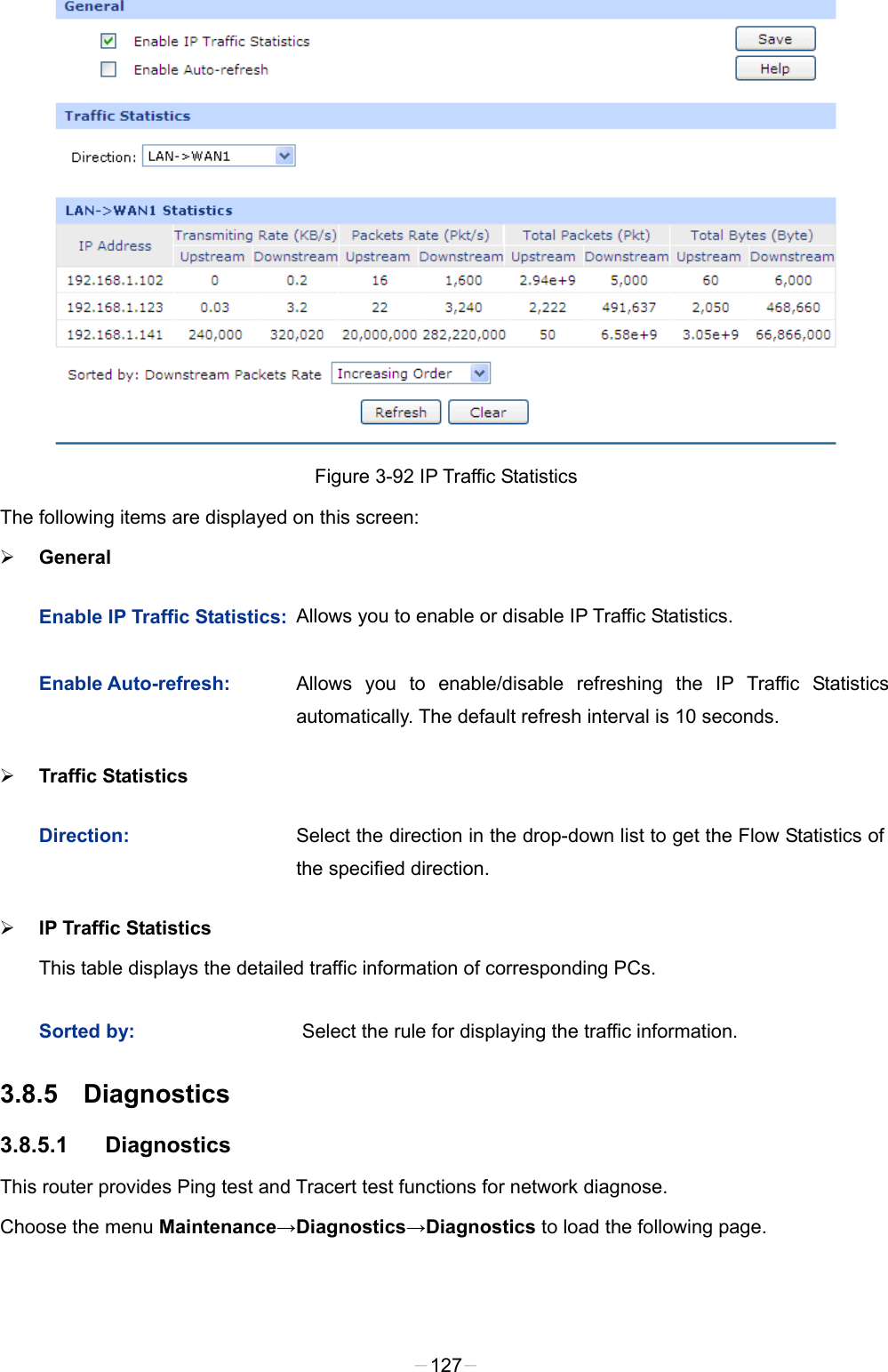   Figure 3-92 IP Traffic Statistics The following items are displayed on this screen:  General Enable IP Traffic Statistics: Allows you to enable or disable IP Traffic Statistics. Enable Auto-refresh: Allows you to enable/disable refreshing the IP Traffic Statistics automatically. The default refresh interval is 10 seconds.  Traffic Statistics Direction: Select the direction in the drop-down list to get the Flow Statistics of the specified direction.  IP Traffic Statistics   This table displays the detailed traffic information of corresponding PCs. Sorted by: Select the rule for displaying the traffic information. 3.8.5 Diagnostics   3.8.5.1 Diagnostics This router provides Ping test and Tracert test functions for network diagnose. Choose the menu Maintenance→Diagnostics→Diagnostics to load the following page. -127- 