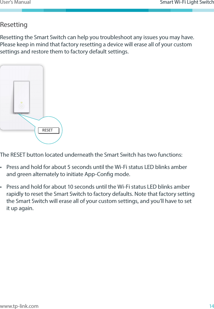 14www.tp-link.comUser’s Manual Smart Wi-Fi Light SwitchResettingResetting the Smart Switch can help you troubleshoot any issues you may have. Please keep in mind that factory resetting a device will erase all of your custom settings and restore them to factory default settings. RESETThe RESET button located underneath the Smart Switch has two functions:•  Press and hold for about 5 seconds until the Wi-Fi status LED blinks amber and green alternately to initiate App-Cong mode.•  Press and hold for about 10 seconds until the Wi-Fi status LED blinks amber rapidly to reset the Smart Switch to factory defaults. Note that factory setting the Smart Switch will erase all of your custom settings, and you’ll have to set it up again.