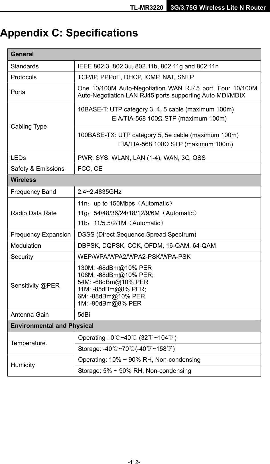 TL-MR3220 3G/3.75G Wireless Lite N Router -112- Appendix C: Specifications General Standards  IEEE 802.3, 802.3u, 802.11b, 802.11g and 802.11n Protocols  TCP/IP, PPPoE, DHCP, ICMP, NAT, SNTP Ports  One 10/100M Auto-Negotiation WAN RJ45 port, Four 10/100M Auto-Negotiation LAN RJ45 ports supporting Auto MDI/MDIX 10BASE-T: UTP category 3, 4, 5 cable (maximum 100m) EIA/TIA-568 100Ω STP (maximum 100m) Cabling Type 100BASE-TX: UTP category 5, 5e cable (maximum 100m) EIA/TIA-568 100Ω STP (maximum 100m) LEDs  PWR, SYS, WLAN, LAN (1-4), WAN, 3G, QSS Safety &amp; Emissions  FCC, CE Wireless Frequency Band 2.4~2.4835GHz Radio Data Rate 11n：up to 150Mbps（Automatic） 11g：54/48/36/24/18/12/9/6M（Automatic） 11b：11/5.5/2/1M（Automatic） Frequency Expansion  DSSS (Direct Sequence Spread Spectrum) Modulation  DBPSK, DQPSK, CCK, OFDM, 16-QAM, 64-QAM Security WEP/WPA/WPA2/WPA2-PSK/WPA-PSK Sensitivity @PER 130M: -68dBm@10% PER 108M: -68dBm@10% PER;   54M: -68dBm@10% PER 11M: -85dBm@8% PER;   6M: -88dBm@10% PER 1M: -90dBm@8% PER Antenna Gain  5dBi Environmental and Physical Operating : 0℃~40℃ (32 ~104℉℉) Temperature.  Storage: -40℃~70℃(-40℉~158℉) Operating: 10% ~ 90% RH, Non-condensing Humidity  Storage: 5% ~ 90% RH, Non-condensing 
