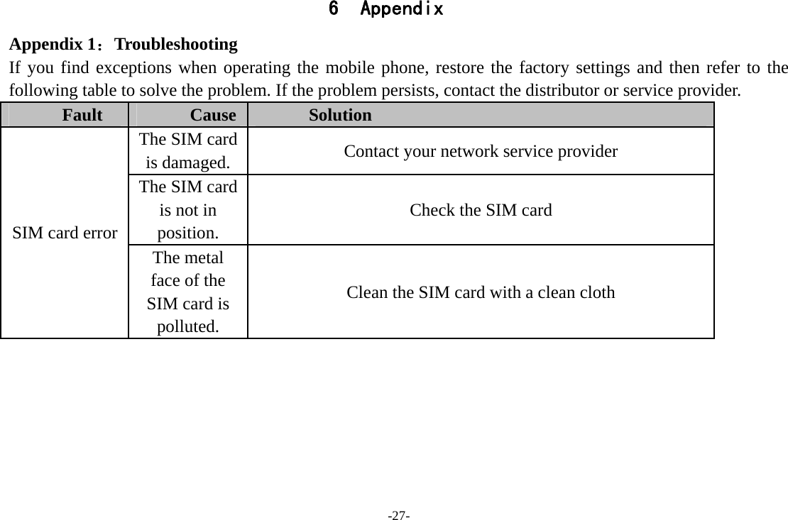 -27- 6 Appendix Appendix 1：Troubleshooting If you find exceptions when operating the mobile phone, restore the factory settings and then refer to the following table to solve the problem. If the problem persists, contact the distributor or service provider. Fault  Cause  Solution SIM card error The SIM card is damaged.  Contact your network service provider The SIM card is not in position. Check the SIM card The metal face of the SIM card is polluted. Clean the SIM card with a clean cloth 
