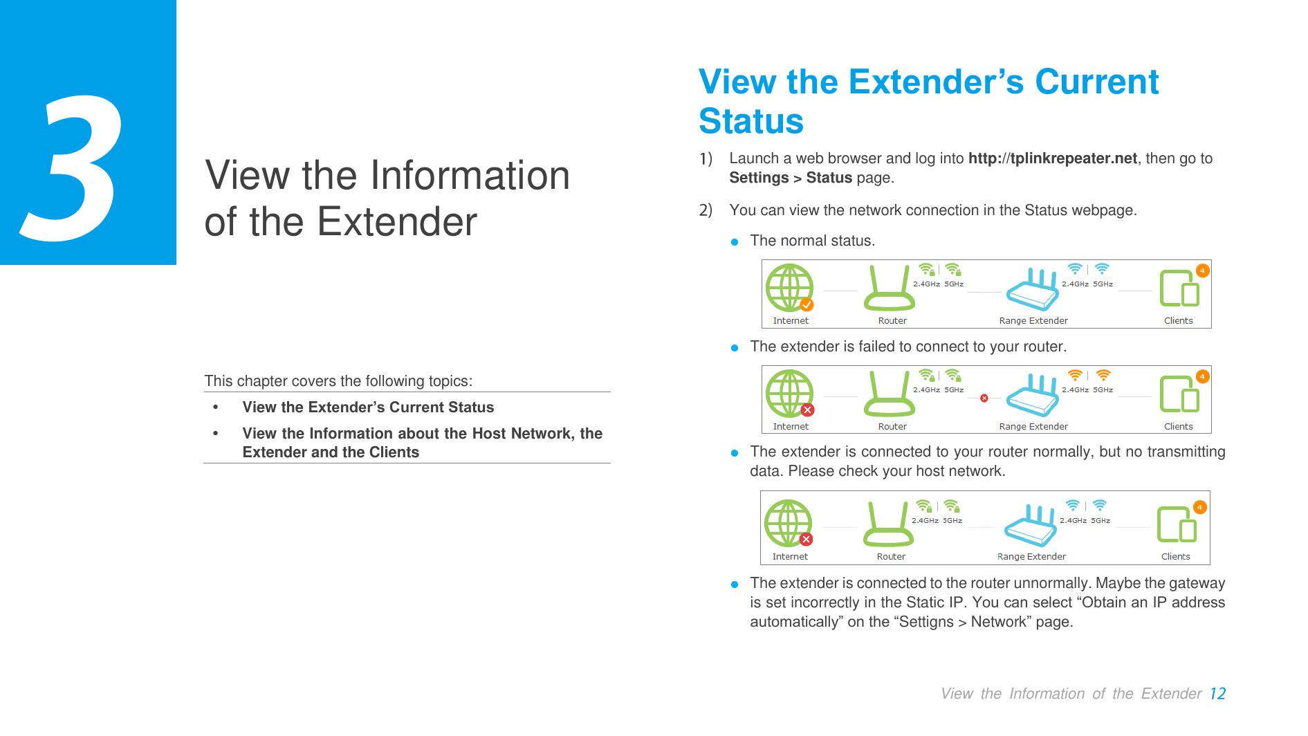  View  the  Information  of  the  Extender  View the Information of the Extender       This chapter covers the following topics:  View the Extender’s Current Status  View the Information about the Host Network, the Extender and the Clients View the Extender’s Current Status  Launch a web browser and log into http://tplinkrepeater.net, then go to Settings &gt; Status page.  You can view the network connection in the Status webpage. ● The normal status.  ● The extender is failed to connect to your router.  ● The extender is connected to your router normally, but no transmitting data. Please check your host network.     ● The extender is connected to the router unnormally. Maybe the gateway is set incorrectly in the Static IP. You can select “Obtain an IP address automatically” on the “Settigns &gt; Network” page. 3 