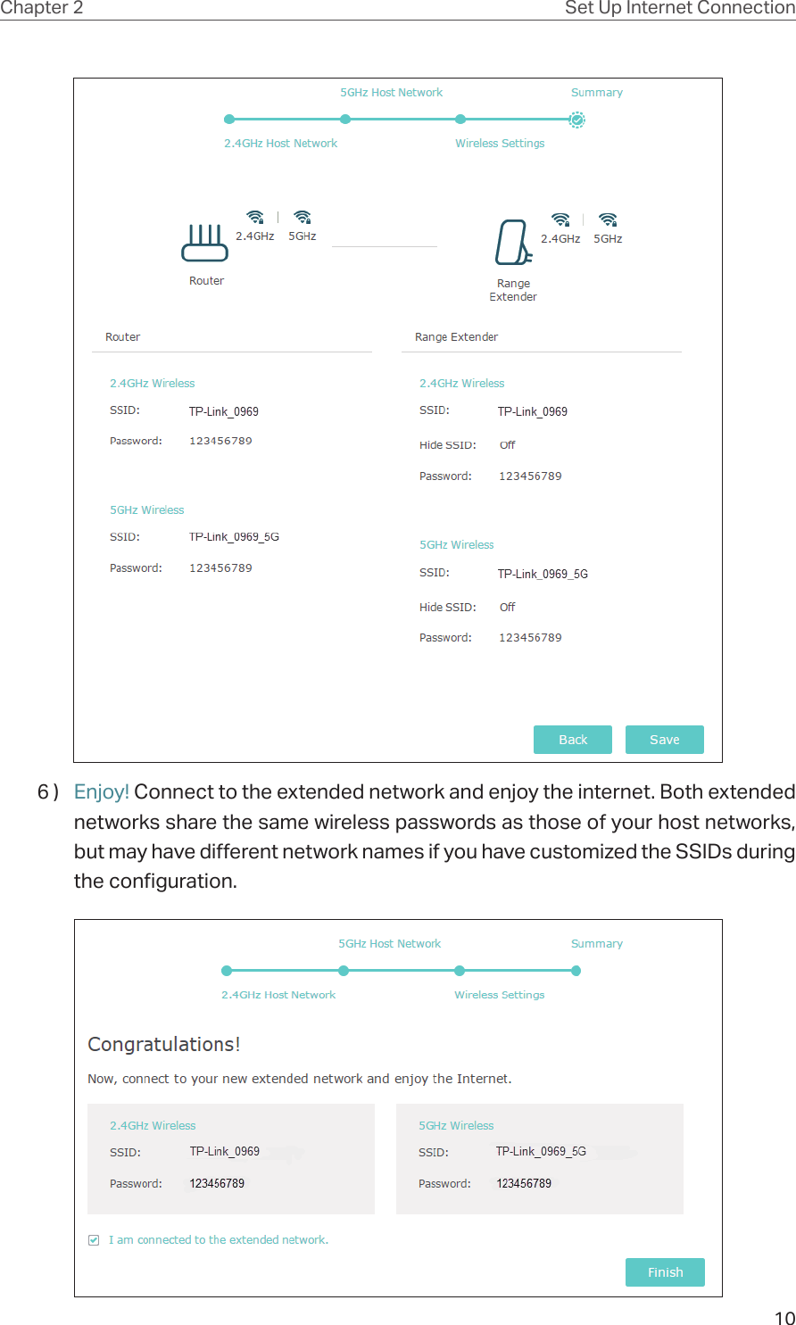 10Chapter 2 Set Up Internet Connection6 )  Enjoy! Connect to the extended network and enjoy the internet. Both extended networks share the same wireless passwords as those of your host networks, but may have different network names if you have customized the SSIDs during the configuration.
