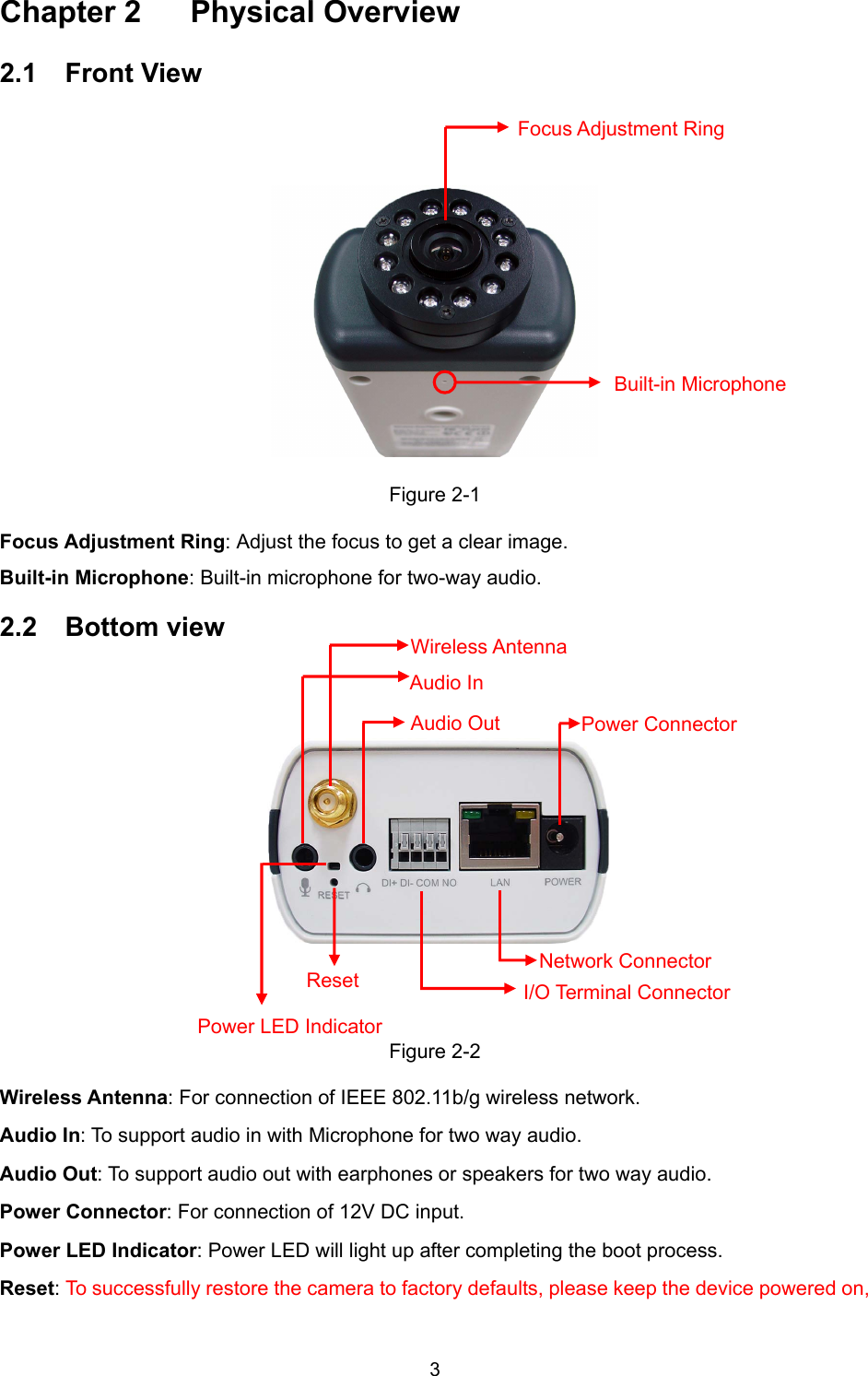 3 Chapter 2  Physical Overview 2.1  Front View  Figure 2-1 Focus Adjustment Ring: Adjust the focus to get a clear image. Built-in Microphone: Built-in microphone for two-way audio.   2.2  Bottom view  Figure 2-2 Wireless Antenna: For connection of IEEE 802.11b/g wireless network. Audio In: To support audio in with Microphone for two way audio. Audio Out: To support audio out with earphones or speakers for two way audio. Power Connector: For connection of 12V DC input. Power LED Indicator: Power LED will light up after completing the boot process. Reset: To successfully restore the camera to factory defaults, please keep the device powered on, Focus Adjustment Ring Built-in Microphone Wireless AntennaAudio InAudio Out Power Connector Power LED IndicatorNetwork Connector Reset I/O Terminal Connector 
