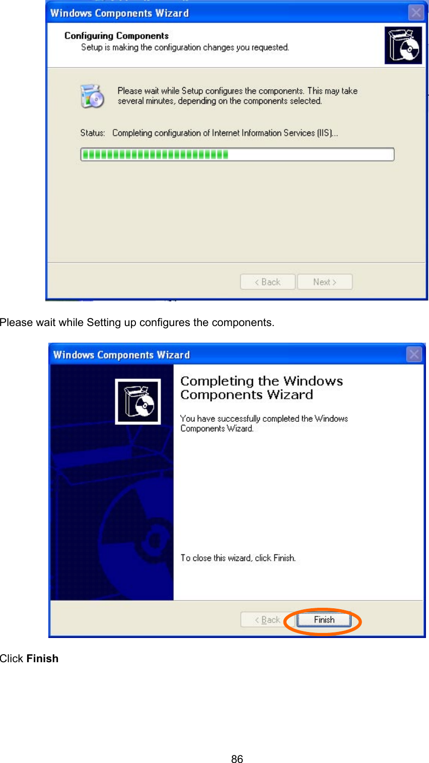  86  Please wait while Setting up configures the components. Click Finish 