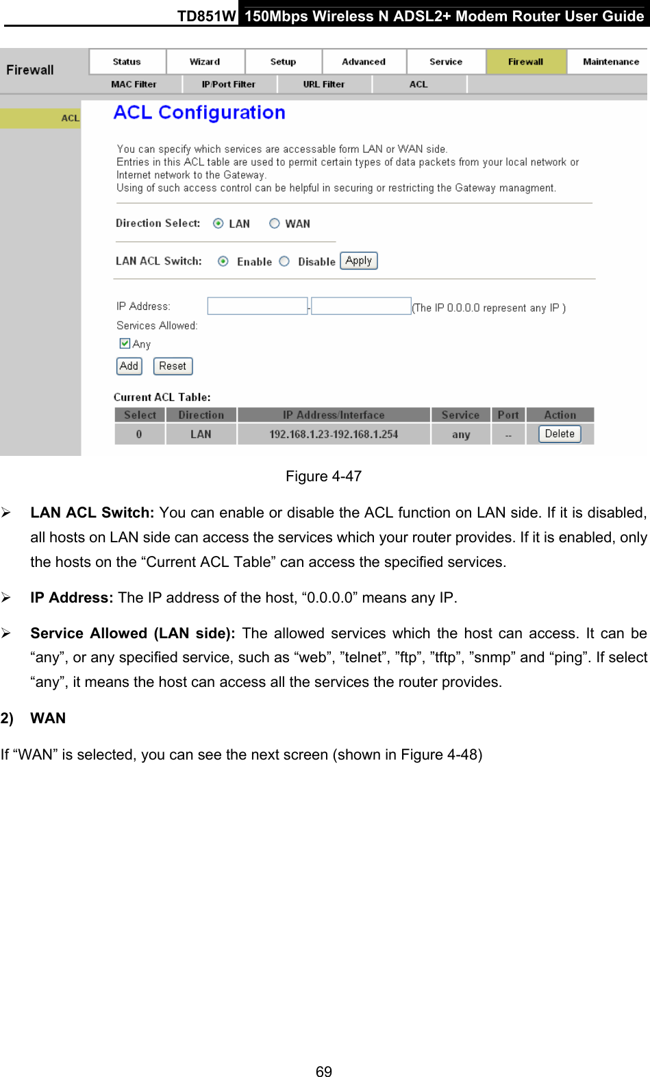 TD851W  150Mbps Wireless N ADSL2+ Modem Router User Guide  Figure 4-47 ¾ LAN ACL Switch: You can enable or disable the ACL function on LAN side. If it is disabled, all hosts on LAN side can access the services which your router provides. If it is enabled, only the hosts on the “Current ACL Table” can access the specified services. ¾ IP Address: The IP address of the host, “0.0.0.0” means any IP. ¾ Service Allowed (LAN side): The allowed services which the host can access. It can be “any”, or any specified service, such as “web”, ”telnet”, ”ftp”, ”tftp”, ”snmp” and “ping”. If select “any”, it means the host can access all the services the router provides. 2) WAN If “WAN” is selected, you can see the next screen (shown in Figure 4-48)  69 