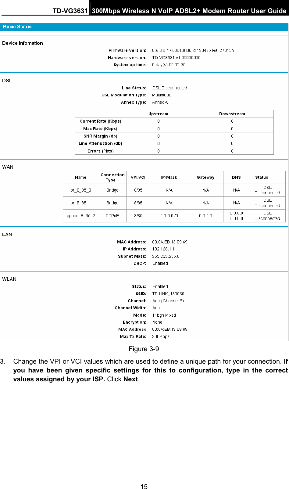 TD-VG3631 300Mbps Wireless N VoIP ADSL2+ Modem Router User Guide 15  Figure 3-9 3.  Change the VPI or VCI values which are used to define a unique path for your connection. If you have been given specific settings for this to configuration, type in the correct values assigned by your ISP. Click Next. 