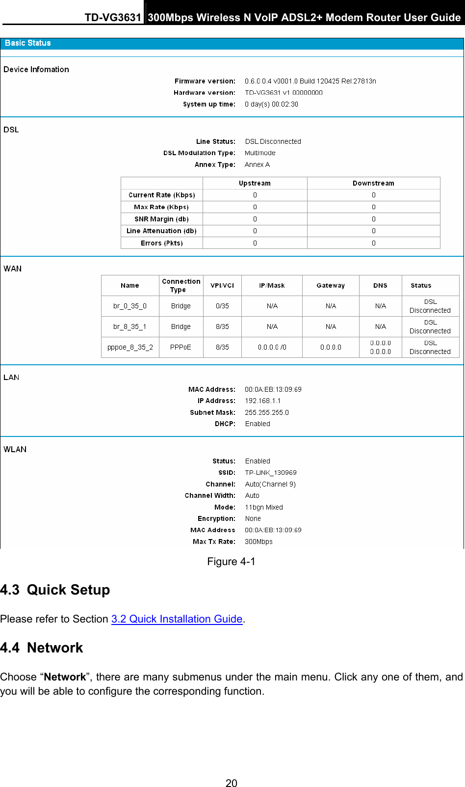 TD-VG3631 300Mbps Wireless N VoIP ADSL2+ Modem Router User Guide 20  Figure 4-1 4.3  Quick Setup Please refer to Section 3.2 Quick Installation Guide. 4.4  Network Choose “Network”, there are many submenus under the main menu. Click any one of them, and you will be able to configure the corresponding function. 