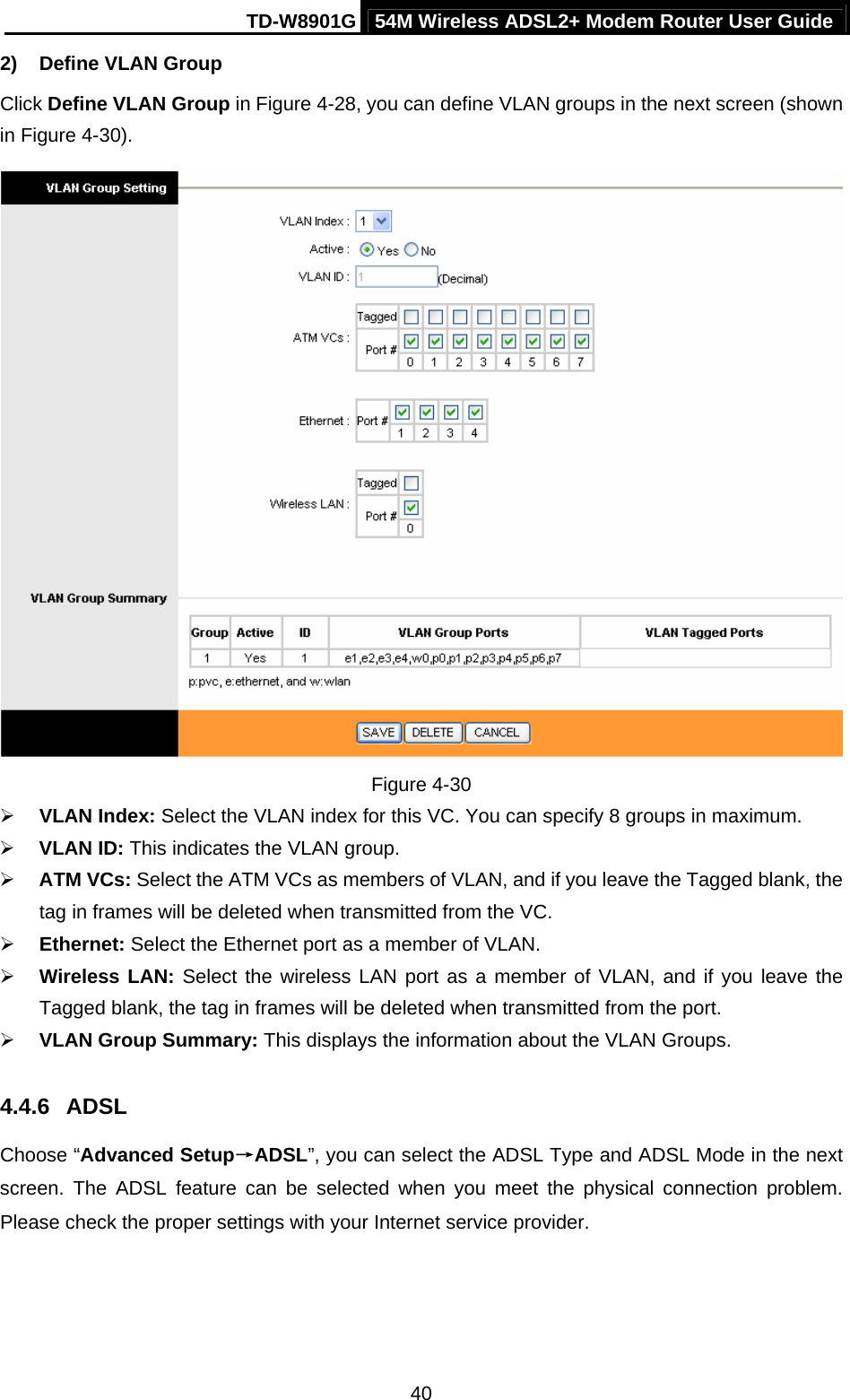 TD-W8901G 54M Wireless ADSL2+ Modem Router User Guide  402)  Define VLAN Group   Click Define VLAN Group in Figure 4-28, you can define VLAN groups in the next screen (shown in Figure 4-30).  Figure 4-30 ¾ VLAN Index: Select the VLAN index for this VC. You can specify 8 groups in maximum. ¾ VLAN ID: This indicates the VLAN group. ¾ ATM VCs: Select the ATM VCs as members of VLAN, and if you leave the Tagged blank, the tag in frames will be deleted when transmitted from the VC. ¾ Ethernet: Select the Ethernet port as a member of VLAN. ¾ Wireless LAN: Select the wireless LAN port as a member of VLAN, and if you leave the Tagged blank, the tag in frames will be deleted when transmitted from the port. ¾ VLAN Group Summary: This displays the information about the VLAN Groups. 4.4.6  ADSL Choose “Advanced Setup→ADSL”, you can select the ADSL Type and ADSL Mode in the next screen. The ADSL feature can be selected when you meet the physical connection problem. Please check the proper settings with your Internet service provider. 