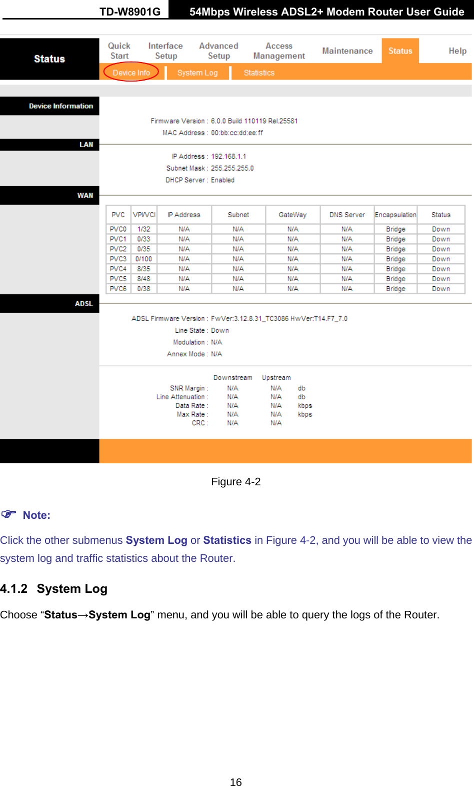 TD-W8901G   54Mbps Wireless ADSL2+ Modem Router User Guide 16  Figure 4-2 ) Note: Click the other submenus System Log or Statistics in Figure 4-2, and you will be able to view the system log and traffic statistics about the Router. 4.1.2 System Log Choose “Status→System Log” menu, and you will be able to query the logs of the Router. 