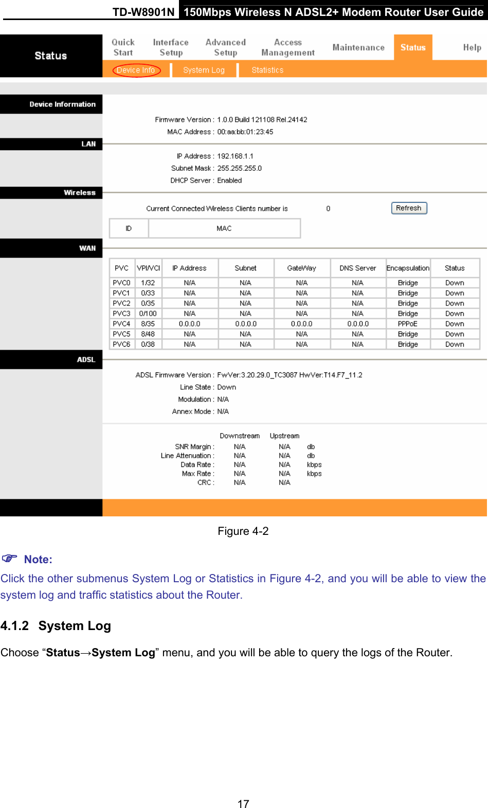 TD-W8901N  150Mbps Wireless N ADSL2+ Modem Router User Guide 17  Figure 4-2  Note: Click the other submenus System Log or Statistics in Figure 4-2, and you will be able to view the system log and traffic statistics about the Router. 4.1.2  System Log Choose “Status→System Log” menu, and you will be able to query the logs of the Router. 