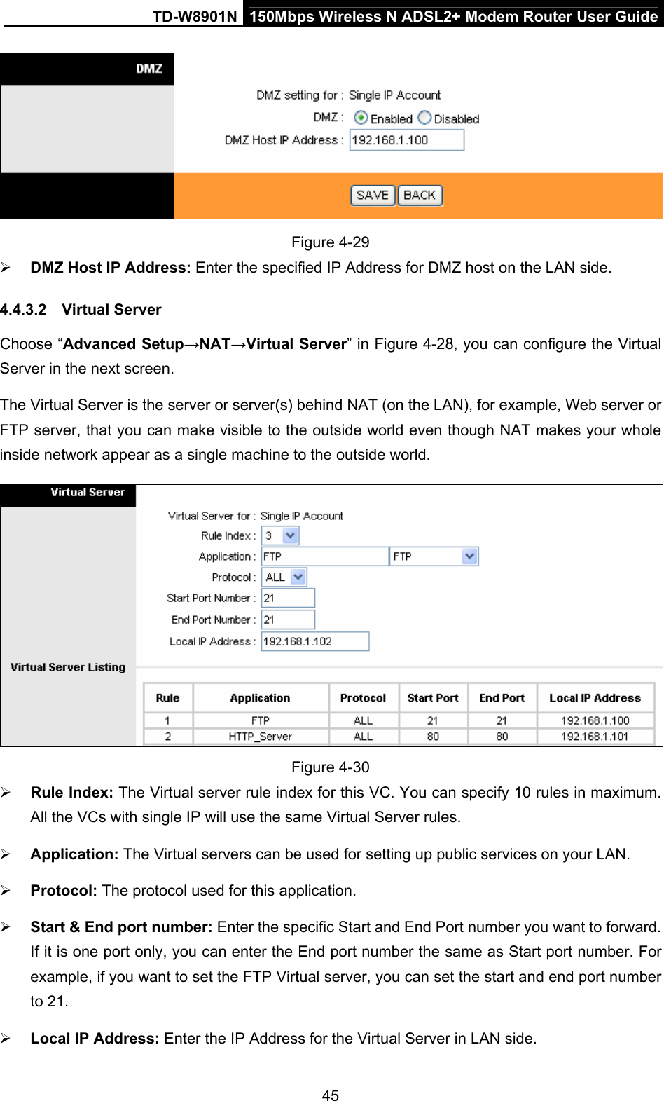 TD-W8901N  150Mbps Wireless N ADSL2+ Modem Router User Guide 45  Figure 4-29  DMZ Host IP Address: Enter the specified IP Address for DMZ host on the LAN side. 4.4.3.2  Virtual Server Choose “Advanced Setup→NAT→Virtual Server” in Figure 4-28, you can configure the Virtual Server in the next screen.   The Virtual Server is the server or server(s) behind NAT (on the LAN), for example, Web server or FTP server, that you can make visible to the outside world even though NAT makes your whole inside network appear as a single machine to the outside world.  Figure 4-30  Rule Index: The Virtual server rule index for this VC. You can specify 10 rules in maximum. All the VCs with single IP will use the same Virtual Server rules.  Application: The Virtual servers can be used for setting up public services on your LAN.  Protocol: The protocol used for this application.  Start &amp; End port number: Enter the specific Start and End Port number you want to forward. If it is one port only, you can enter the End port number the same as Start port number. For example, if you want to set the FTP Virtual server, you can set the start and end port number to 21.  Local IP Address: Enter the IP Address for the Virtual Server in LAN side. 