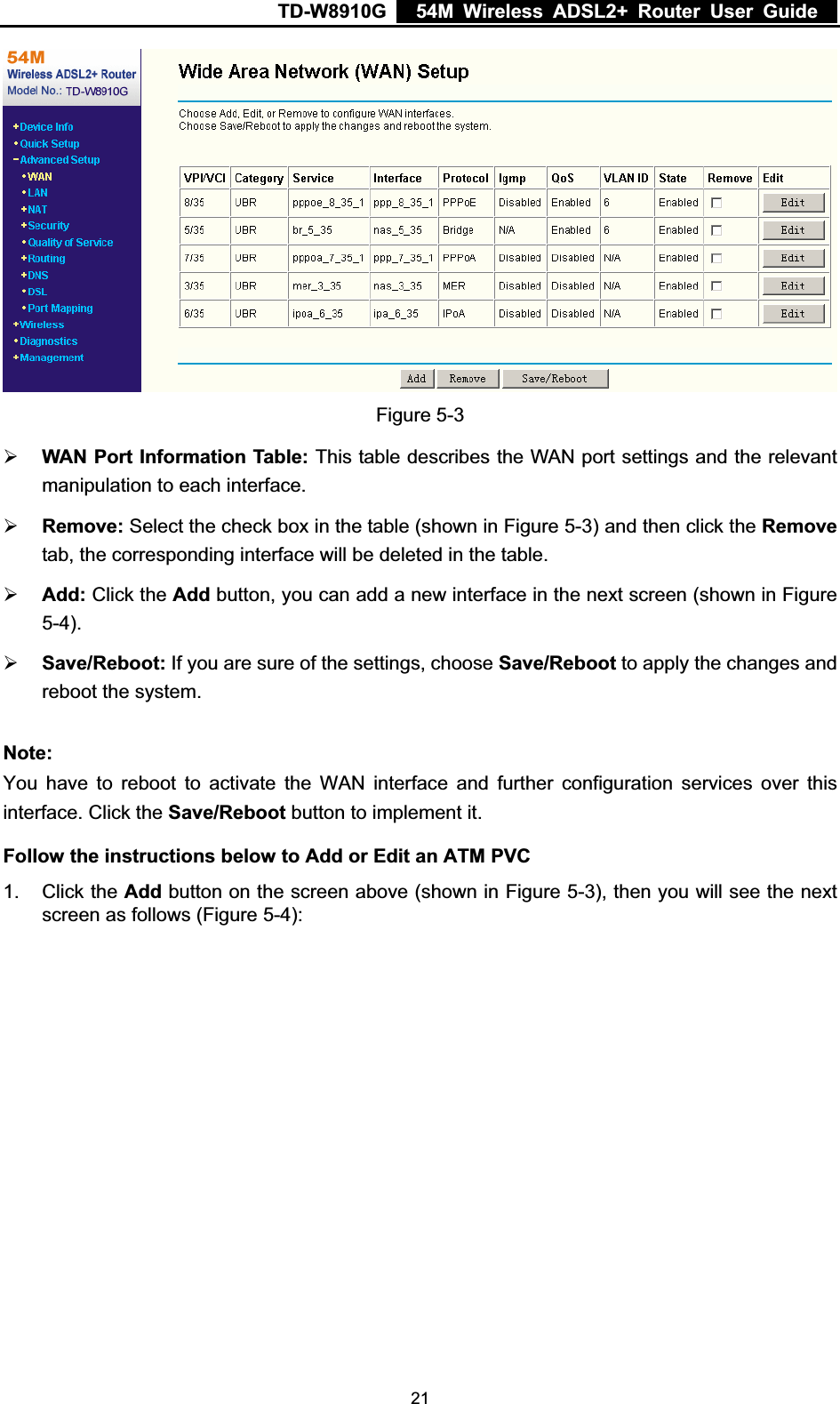 TD-W8910G    54M Wireless ADSL2+ Router User Guide  Figure 5-3 ¾WAN Port Information Table: This table describes the WAN port settings and the relevant manipulation to each interface. ¾Remove: Select the check box in the table (shown in Figure 5-3) and then click the Removetab, the corresponding interface will be deleted in the table. ¾Add: Click the Add button, you can add a new interface in the next screen (shown in Figure 5-4).¾Save/Reboot: If you are sure of the settings, choose Save/Reboot to apply the changes and reboot the system. Note:You have to reboot to activate the WAN interface and further configuration services over this interface. Click the Save/Reboot button to implement it. Follow the instructions below to Add or Edit an ATM PVC 1. Click the Add button on the screen above (shown in Figure 5-3), then you will see the next screen as follows (Figure 5-4): 21