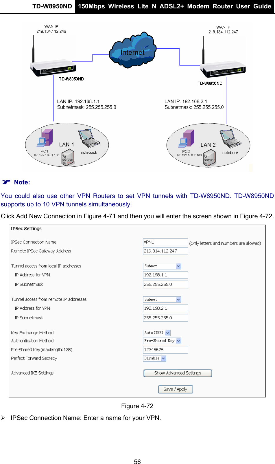 TD-W8950ND  150Mbps Wireless Lite N ADSL2+ Modem Router User Guide   ) Note: You could also use other VPN Routers to set VPN tunnels with TD-W8950ND. TD-W8950ND supports up to 10 VPN tunnels simultaneously. Click Add New Connection in Figure 4-71 and then you will enter the screen shown in Figure 4-72.  Figure 4-72 ¾  IPSec Connection Name: Enter a name for your VPN. 56 