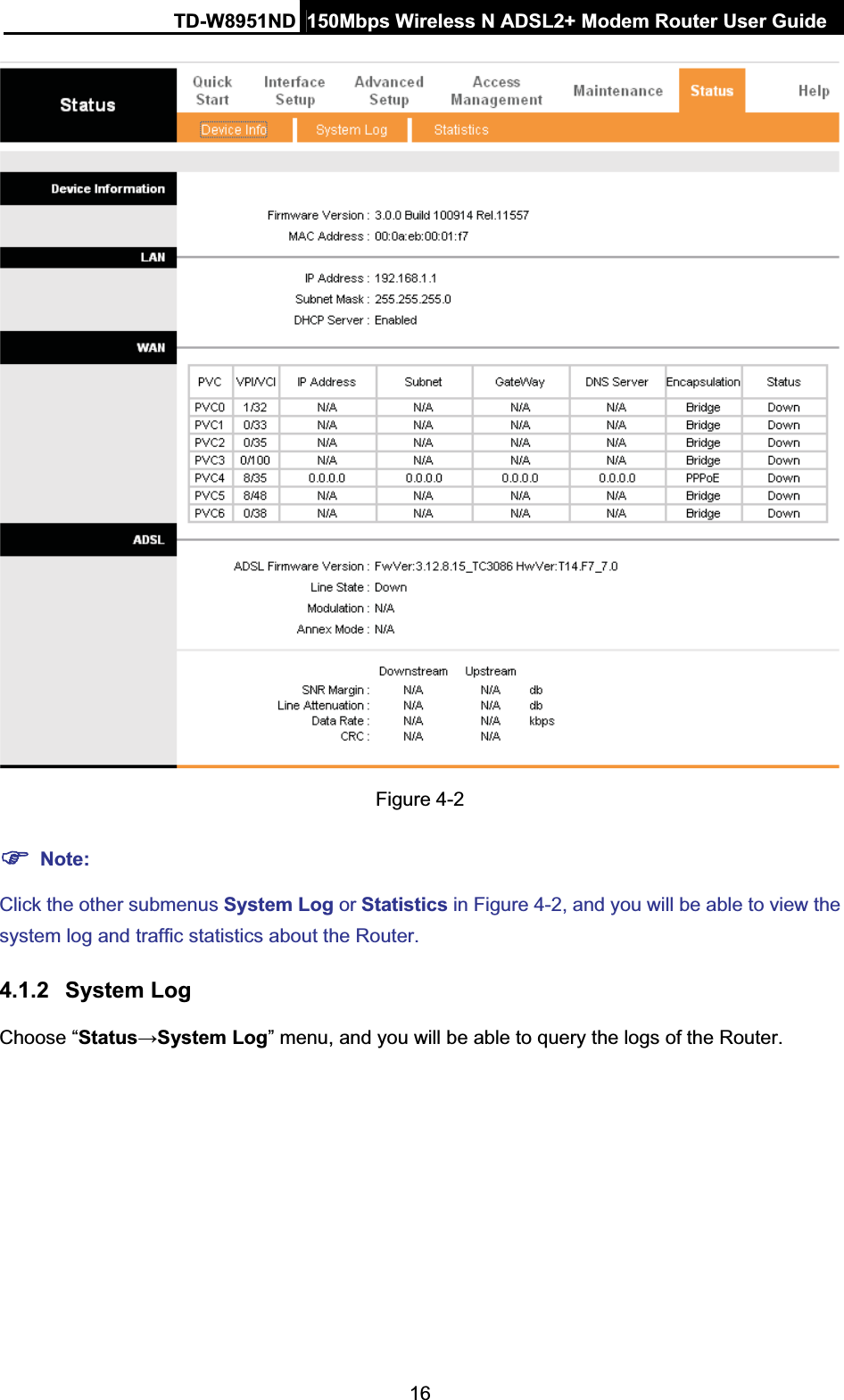 TD-W8951ND  150Mbps Wireless N ADSL2+ Modem Router User Guide16Figure 4-2 )Note:Click the other submenus System Log or Statistics in Figure 4-2, and you will be able to view the system log and traffic statistics about the Router. 4.1.2 System Log Choose “StatusĺSystem Log” menu, and you will be able to query the logs of the Router. 