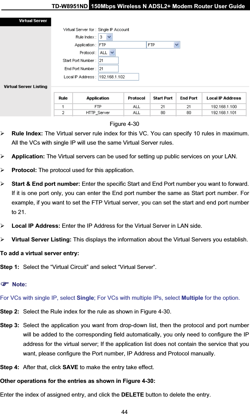 TD-W8951ND  150Mbps Wireless N ADSL2+ Modem Router User Guide44Figure 4-30 ¾Rule Index: The Virtual server rule index for this VC. You can specify 10 rules in maximum. All the VCs with single IP will use the same Virtual Server rules. ¾Application: The Virtual servers can be used for setting up public services on your LAN. ¾Protocol: The protocol used for this application.¾Start &amp; End port number: Enter the specific Start and End Port number you want to forward. If it is one port only, you can enter the End port number the same as Start port number. For example, if you want to set the FTP Virtual server, you can set the start and end port number to 21. ¾Local IP Address: Enter the IP Address for the Virtual Server in LAN side. ¾Virtual Server Listing: This displays the information about the Virtual Servers you establish. To add a virtual server entry:   Step 1:  Select the “Virtual Circuit” and select “Virtual Server”.)Note:For VCs with single IP, select Single; For VCs with multiple IPs, select Multiple for the option. Step 2:  Select the Rule index for the rule as shown in Figure 4-30. Step 3:  Select the application you want from drop-down list, then the protocol and port number will be added to the corresponding field automatically, you only need to configure the IP address for the virtual server; If the application list does not contain the service that you want, please configure the Port number, IP Address and Protocol manually. Step 4:  After that, click SAVE to make the entry take effect. Other operations for the entries as shown in Figure 4-30: Enter the index of assigned entry, and click the DELETE button to delete the entry. 