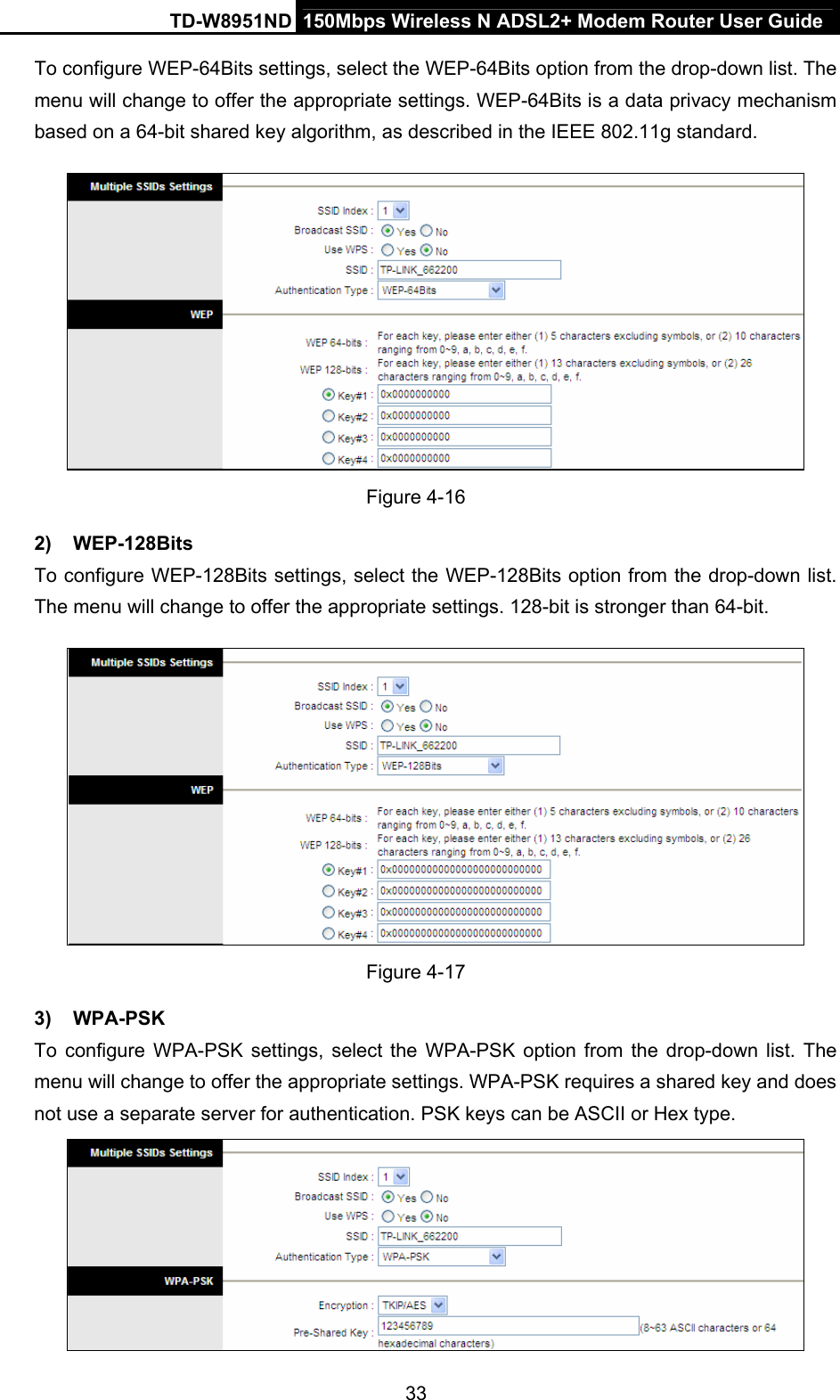 TD-W8951ND  150Mbps Wireless N ADSL2+ Modem Router User Guide To configure WEP-64Bits settings, select the WEP-64Bits option from the drop-down list. The menu will change to offer the appropriate settings. WEP-64Bits is a data privacy mechanism based on a 64-bit shared key algorithm, as described in the IEEE 802.11g standard.  Figure 4-16 2) WEP-128Bits To configure WEP-128Bits settings, select the WEP-128Bits option from the drop-down list. The menu will change to offer the appropriate settings. 128-bit is stronger than 64-bit.  Figure 4-17 3) WPA-PSK To configure WPA-PSK settings, select the WPA-PSK option from the drop-down list. The menu will change to offer the appropriate settings. WPA-PSK requires a shared key and does not use a separate server for authentication. PSK keys can be ASCII or Hex type.  33 
