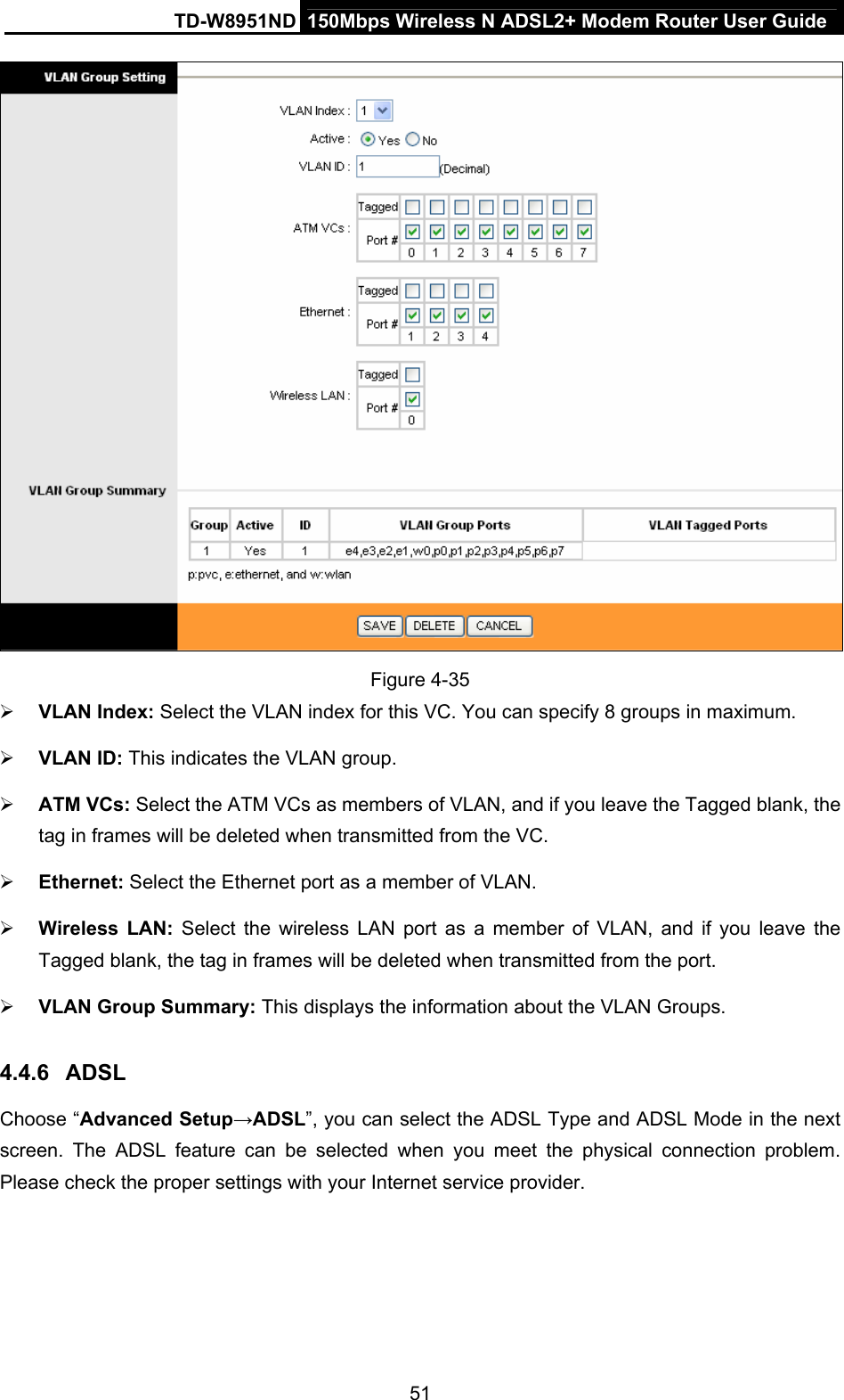 TD-W8951ND  150Mbps Wireless N ADSL2+ Modem Router User Guide  Figure 4-35 ¾ VLAN Index: Select the VLAN index for this VC. You can specify 8 groups in maximum. ¾ VLAN ID: This indicates the VLAN group. ¾ ATM VCs: Select the ATM VCs as members of VLAN, and if you leave the Tagged blank, the tag in frames will be deleted when transmitted from the VC. ¾ Ethernet: Select the Ethernet port as a member of VLAN. ¾ Wireless LAN: Select the wireless LAN port as a member of VLAN, and if you leave the Tagged blank, the tag in frames will be deleted when transmitted from the port. ¾ VLAN Group Summary: This displays the information about the VLAN Groups. 4.4.6  ADSL Choose “Advanced Setup→ADSL”, you can select the ADSL Type and ADSL Mode in the next screen. The ADSL feature can be selected when you meet the physical connection problem. Please check the proper settings with your Internet service provider. 51 