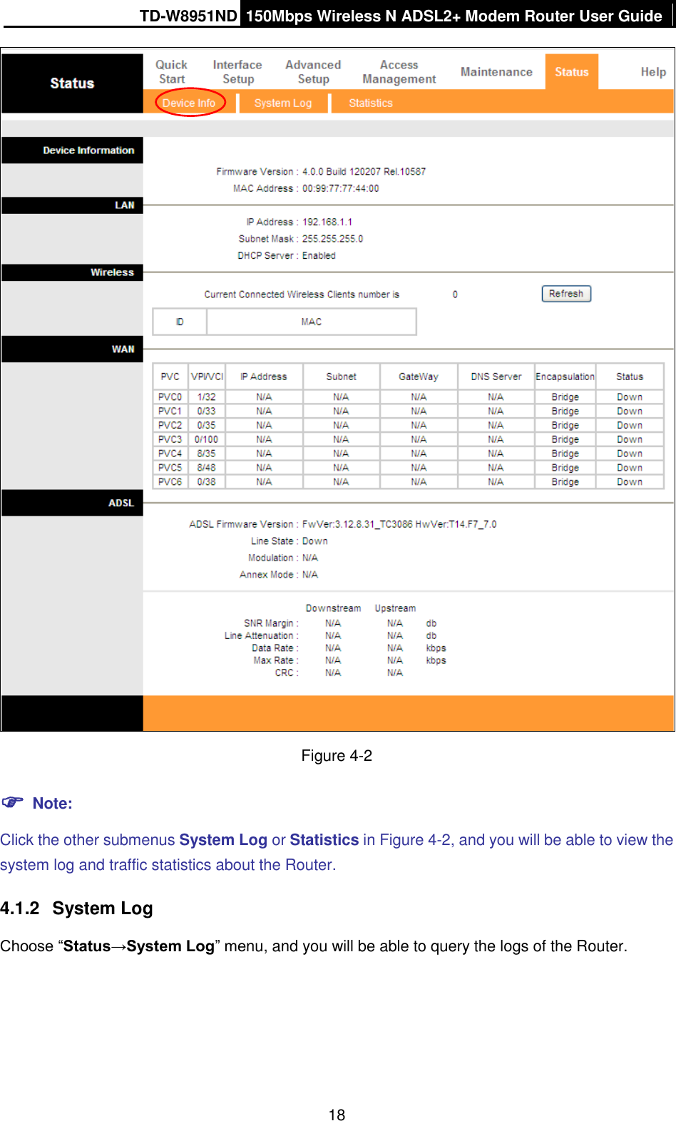 TD-W8951ND 150Mbps Wireless N ADSL2+ Modem Router User Guide  18  Figure 4-2  Note: Click the other submenus System Log or Statistics in Figure 4-2, and you will be able to view the system log and traffic statistics about the Router. 4.1.2  System Log Choose “Status→System Log” menu, and you will be able to query the logs of the Router. 