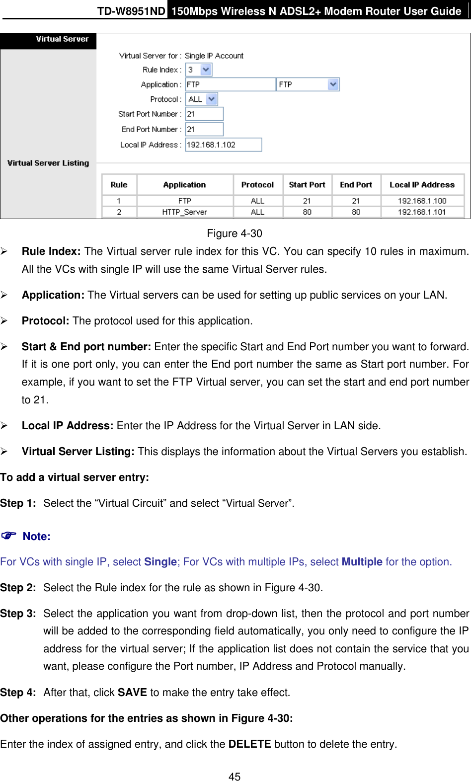 TD-W8951ND 150Mbps Wireless N ADSL2+ Modem Router User Guide  45  Figure 4-30  Rule Index: The Virtual server rule index for this VC. You can specify 10 rules in maximum. All the VCs with single IP will use the same Virtual Server rules.  Application: The Virtual servers can be used for setting up public services on your LAN.  Protocol: The protocol used for this application.  Start &amp; End port number: Enter the specific Start and End Port number you want to forward. If it is one port only, you can enter the End port number the same as Start port number. For example, if you want to set the FTP Virtual server, you can set the start and end port number to 21.  Local IP Address: Enter the IP Address for the Virtual Server in LAN side.  Virtual Server Listing: This displays the information about the Virtual Servers you establish. To add a virtual server entry:   Step 1:  Select the “Virtual Circuit” and select “Virtual Server”.  Note: For VCs with single IP, select Single; For VCs with multiple IPs, select Multiple for the option. Step 2:  Select the Rule index for the rule as shown in Figure 4-30. Step 3:  Select the application you want from drop-down list, then the protocol and port number will be added to the corresponding field automatically, you only need to configure the IP address for the virtual server; If the application list does not contain the service that you want, please configure the Port number, IP Address and Protocol manually. Step 4:  After that, click SAVE to make the entry take effect. Other operations for the entries as shown in Figure 4-30: Enter the index of assigned entry, and click the DELETE button to delete the entry. 